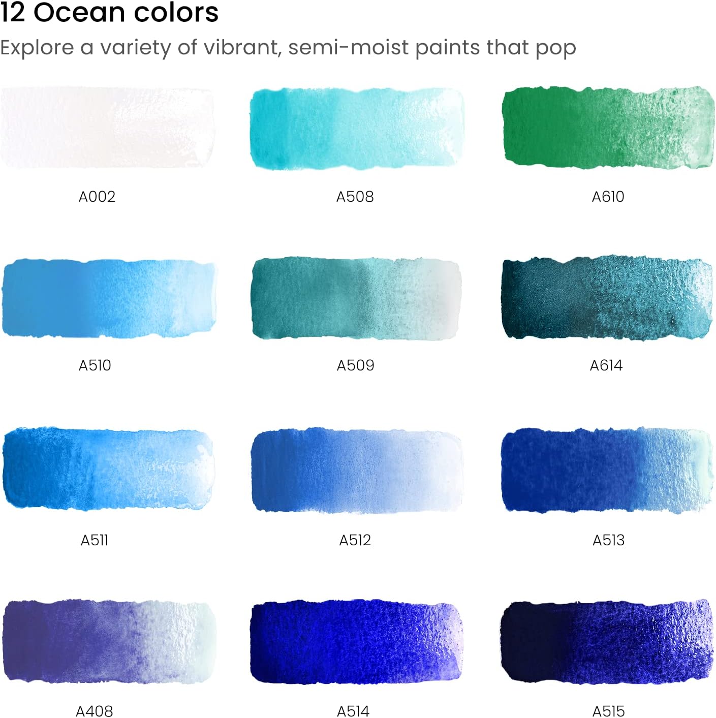 ARTEZA Watercolor Paint Set, 12 Ocean Tones Half Pans, Watercolor Set with Brush, Semi Moist Water Colors