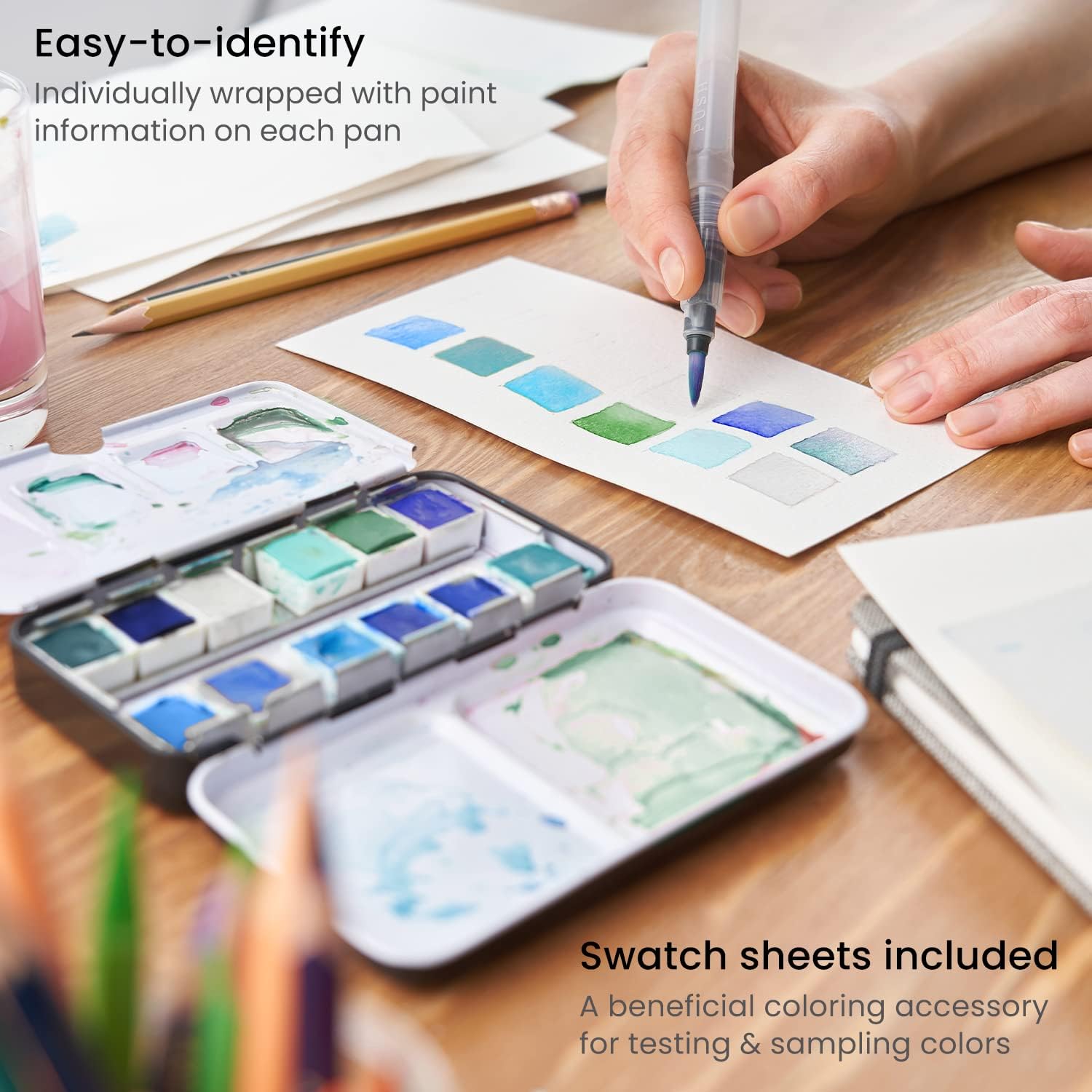 Alternative view of ARTEZA Watercolor Paint Set, 12 Ocean Tones Half Pans, Watercolor Set with Brush, Semi Moist Water Colors