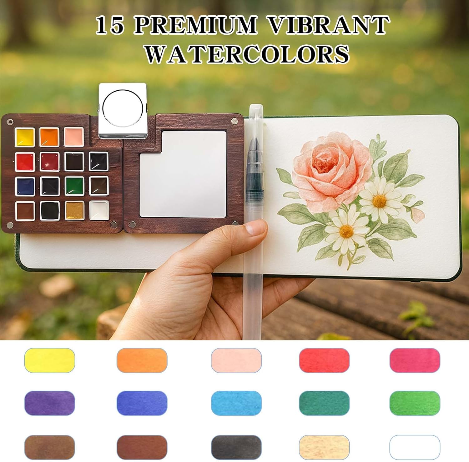 Alternative view of Mini Watercolor Paint Set - 15 Color Travel Watercolor Kit, Pocket Watercolor Paint Palette Set with Watercolor Book, Binder Clips, Pens, Storage Bag, Wooden Paint Box for Painters Artists Student