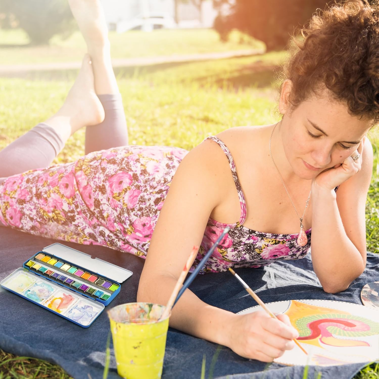 AUREUO Empty Metal Watercolor Palette - Travel Watercolor 24 Half Pans Tin Box with Lid for Water Color Painting Portable Watercolor Accessories for Artists