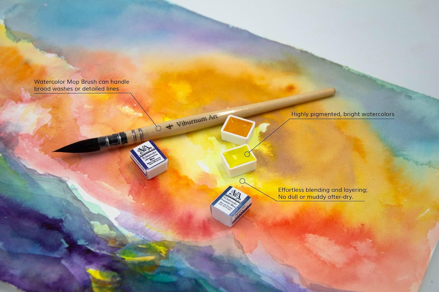 Alternative view of Professional Watercolor Paint Set - 24 Half Pan Highly Pigmented Transparent Water Color Paints with #4 Synthetic Water color Brush, Mixing Palette & Wooden Box Gift Watercolor Kit