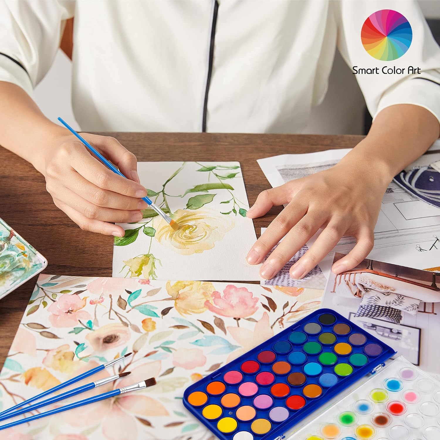 36 Pack Watercolor Pan Set, Smart Color Art Watercolor Paint Set with 4 Brushes,Easy to Blend Colors, Perfect for Kids Adults