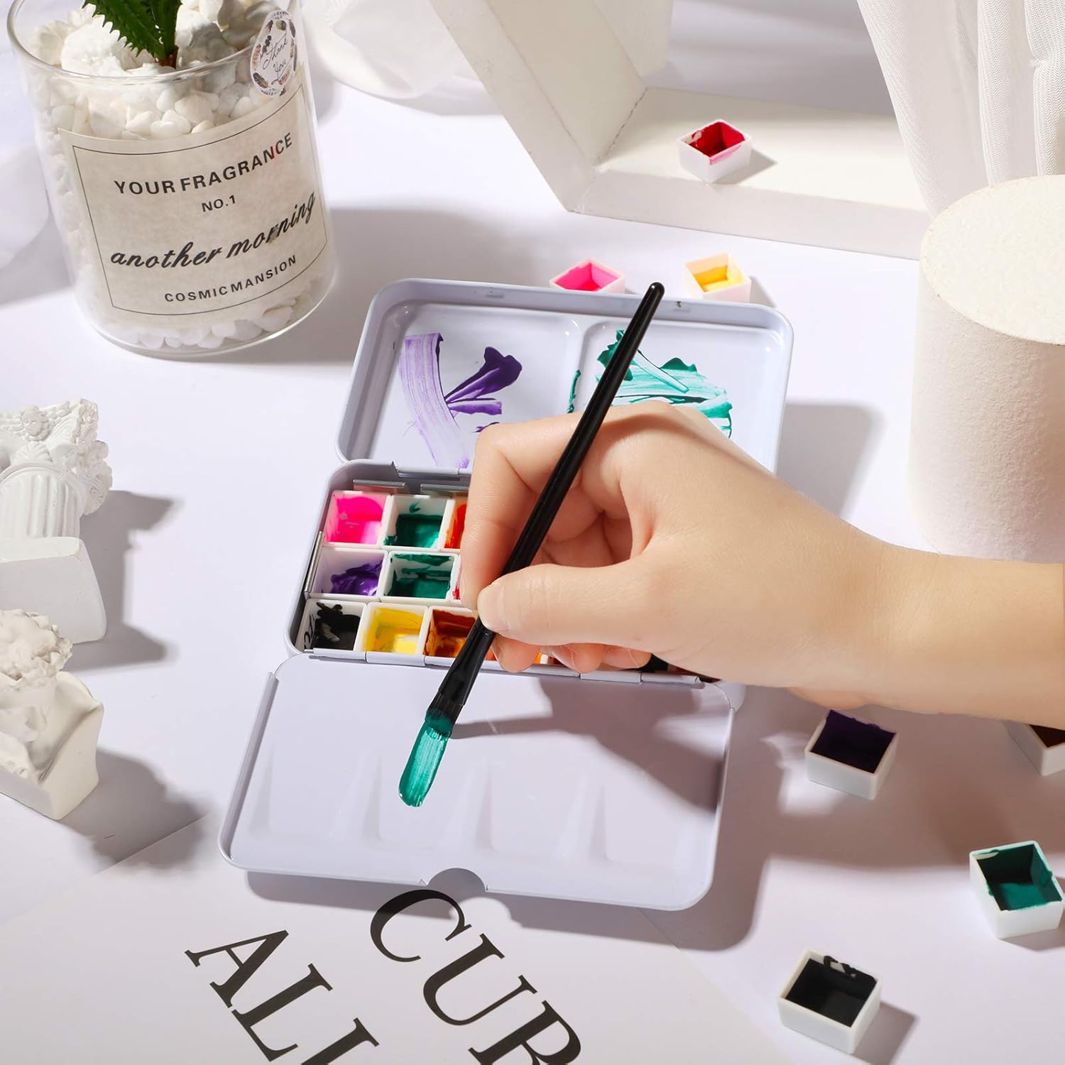 Zonon 53 Pieces Empty Watercolor Paint Palette Metal Watercolor Tin Box Palette Half Tray Pans Set Paint Case with Lid Storage Bag for Kids Air Acrylic Oil Painting Art Supplies(Starry Sky Color)