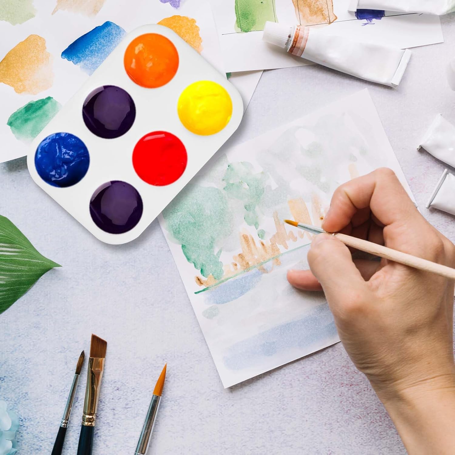 100 Pcs White Plastic Paint Palette 6 Well Rectangular Watercolor Pans Paint Holder Tray Palette Paint Mixing Palette for Acrylic Painting Art DIY Craft