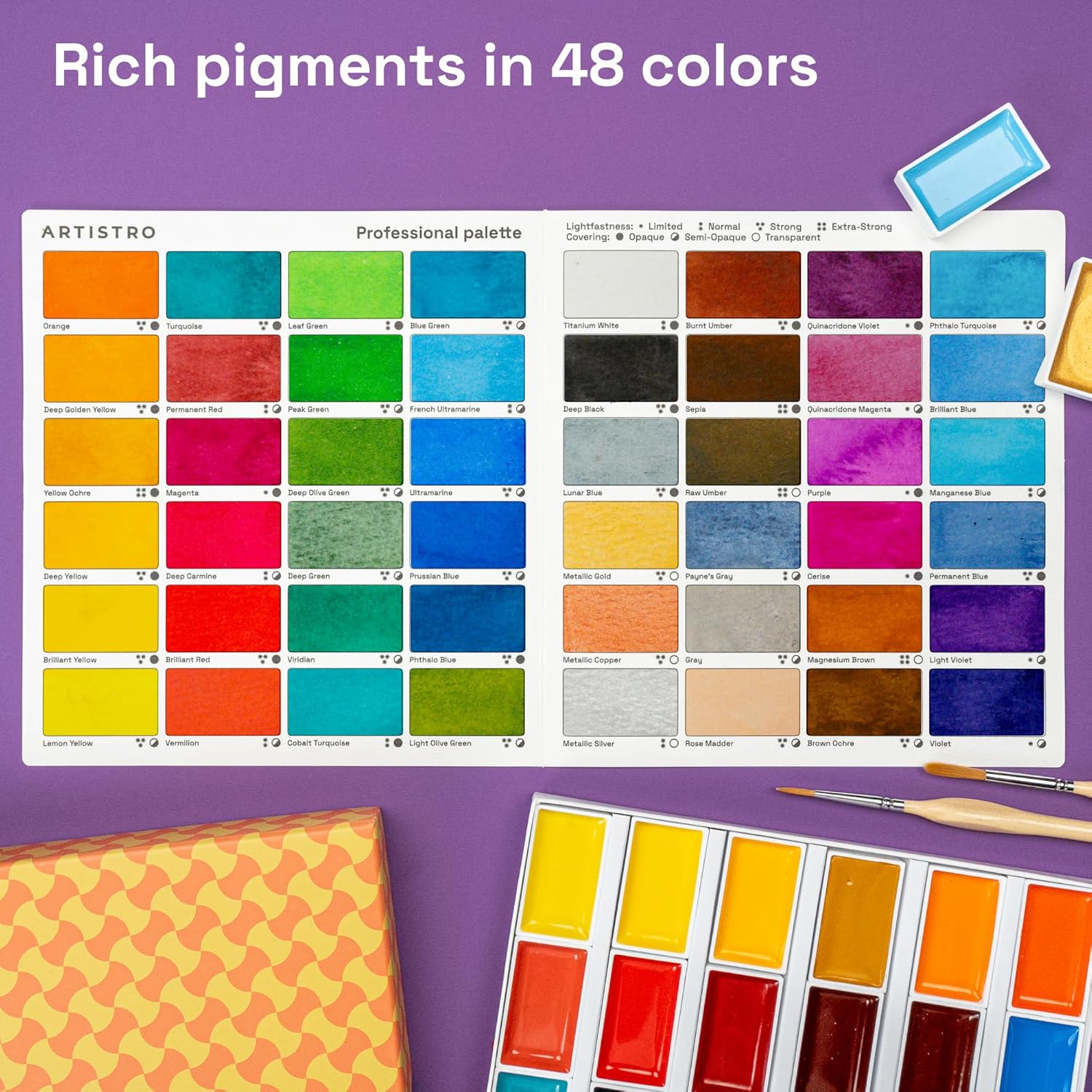 Alternative view of ARTISTRO Professional Watercolor Paint Set for Adults - 48 Pigment-Rich Colors, XL Pans, ASTM-I Lightfastness, High Tinting Strength Watercolor Set for Professionals made by professionals