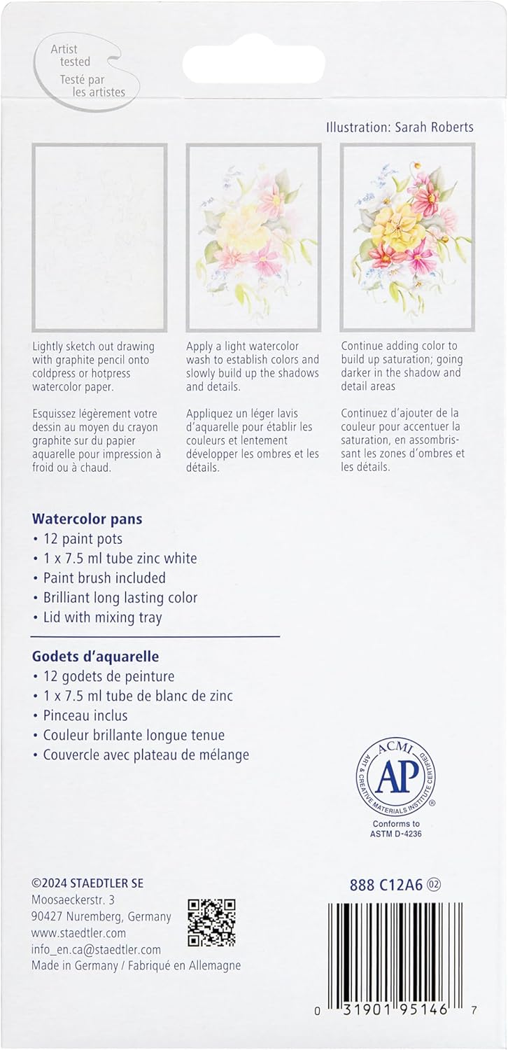 Alternative view of STAEDTLER Watercolor Pans Paint Set, 12 Colors with Paintbrush and Tube of Opaque White Paint, Interchangeable Water Color Paint Pots and Mixing Palette - Watercolors Art Supplies