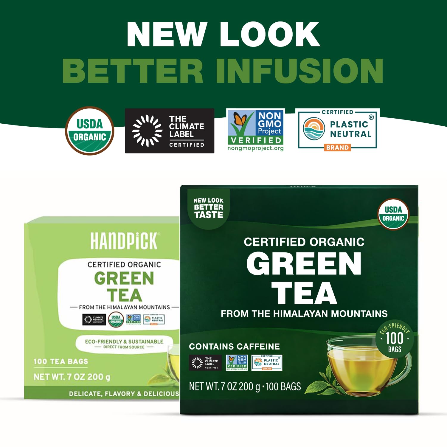 HANDPICK, Organic Green Tea Bags - 100 Eco-Friendly Tea Bags | USDA Organic | Resealable Pack for Freshness | Delicate & Flavory | Direct From India