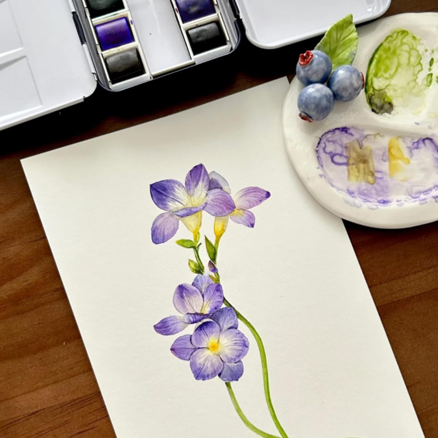 Mini Portable Handmade Artist Watercolor Paint Travel Metallic Box Set with 6 Metallic Pearlescent Solid Watercolor Half Pans (Each Capacity Approx 1.5ml) for Artists, Hobbyist.Blue Purple