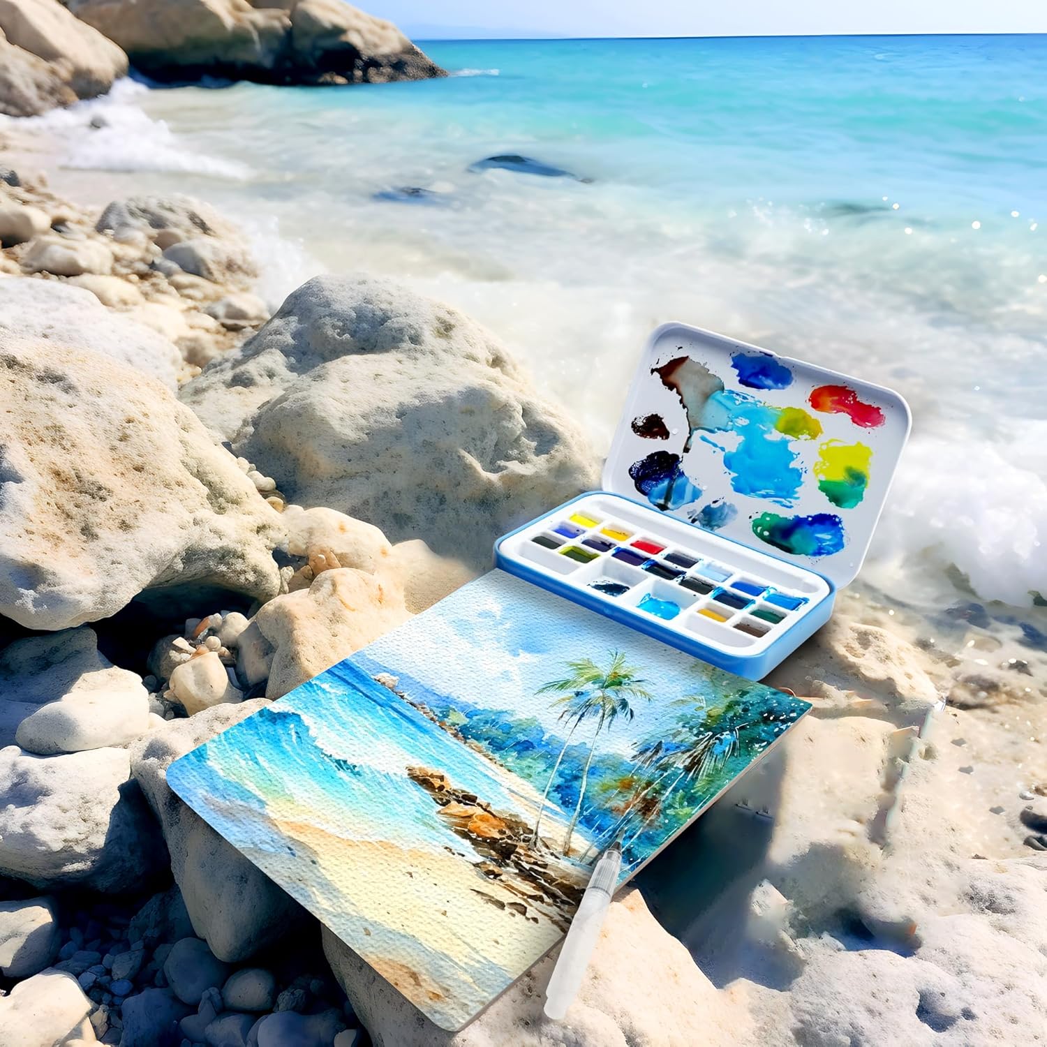 AUREUO Travel Watercolor Paint Set - 18 Landscape Water Colors Half Pan Portable Tin Box, Small Sketch Pocket Watercolor Painting Kit for Adults, Beginners & Artists