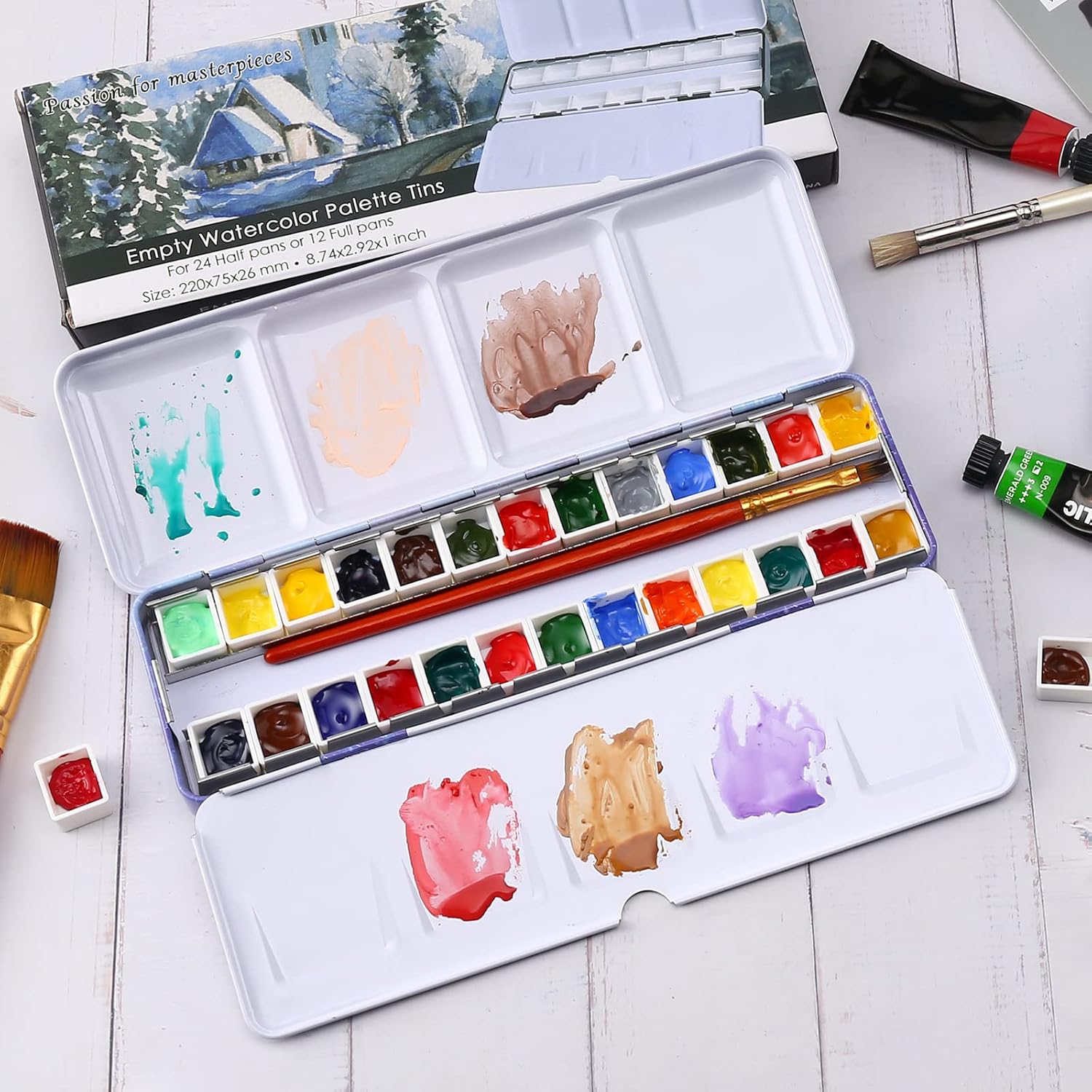 LOONENG Empty Watercolor Palette, Empty Watercolor Tin with Fold Out Palette, Medium Purple Watercolor Tray Palette with 26 Empty Half Pans for Plein Air Painting and Sketching