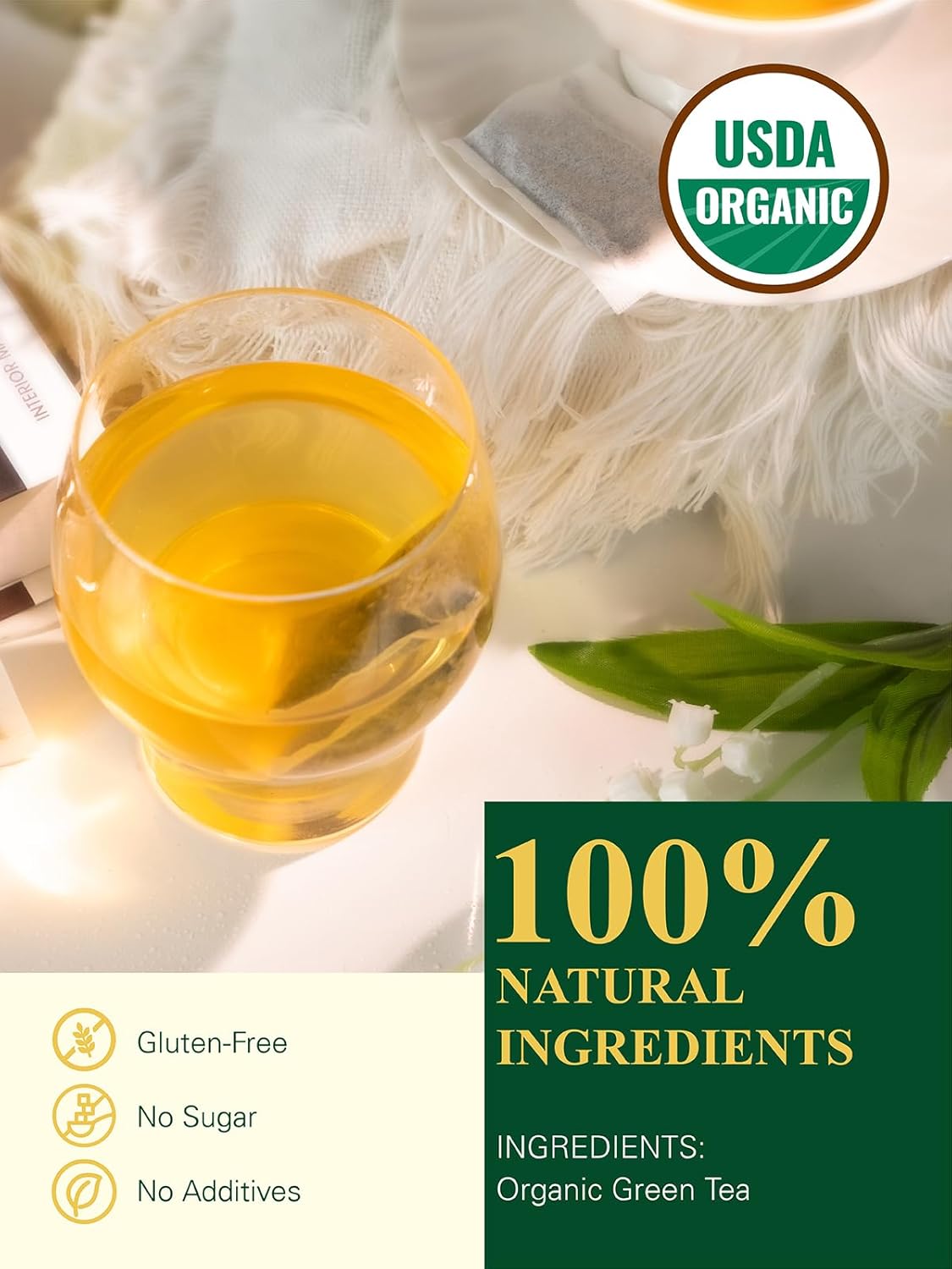 GLDNT Organic Green Tea Bags, Natural Pure Organic Green Tea, Super Antioxidant, Caffeinated, 100 Count