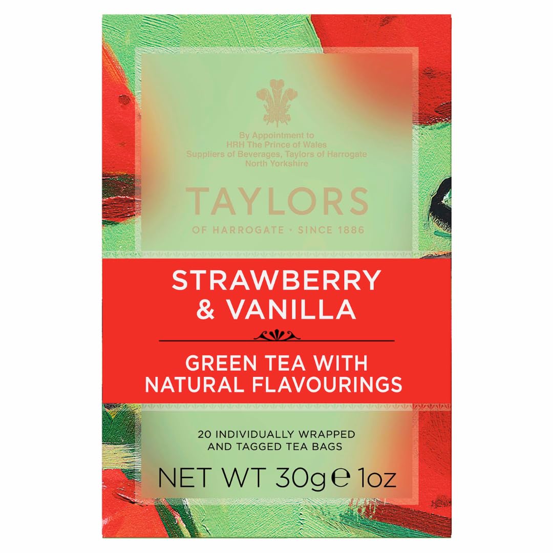 Taylors of Harrogate Strawberry & Vanilla, Green Tea, Individually Wrapped Bags, 20 Count (Pack of 1), Smooth, Juicy and Sweet, Caffeinated, Enjoy Hot or Iced, 20 Teabags