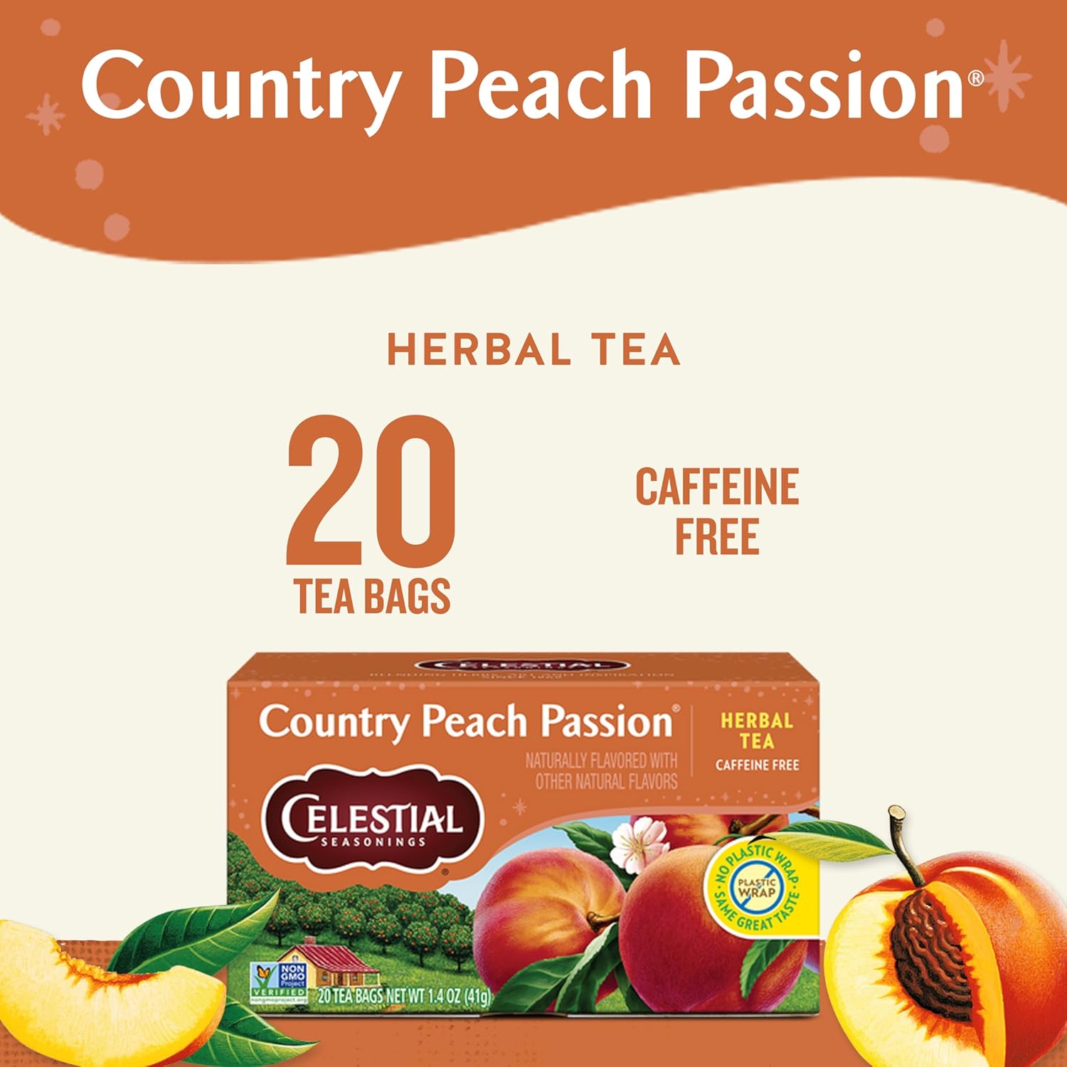 Celestial Seasonings Country Peach Passion Herbal Tea, 20 Tea Bags Box