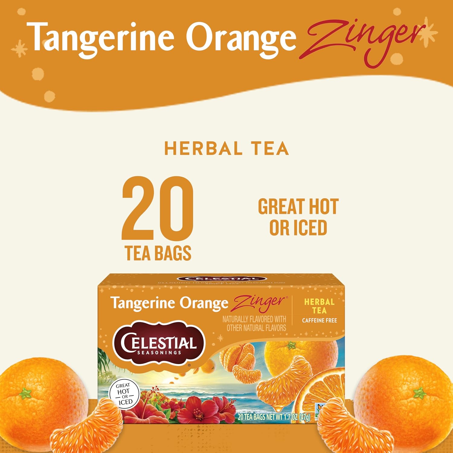 Celestial Seasonings Tangerine Orange Zinger Herbal Tea, Caffeine Free, 20 Tea Bags Box