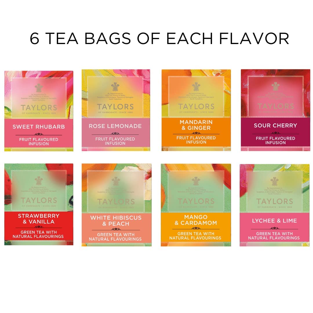 Taylors of Harrogate Assorted Green & Herbal Teas Sampler, Variety Pack Gift Box, Individually Wrapped Bags, 48 Count (Pack of 1), Premium Green & Herbal Teas, Mixed Caffeinated & Caffeine-Free Selection, 48 Teabags