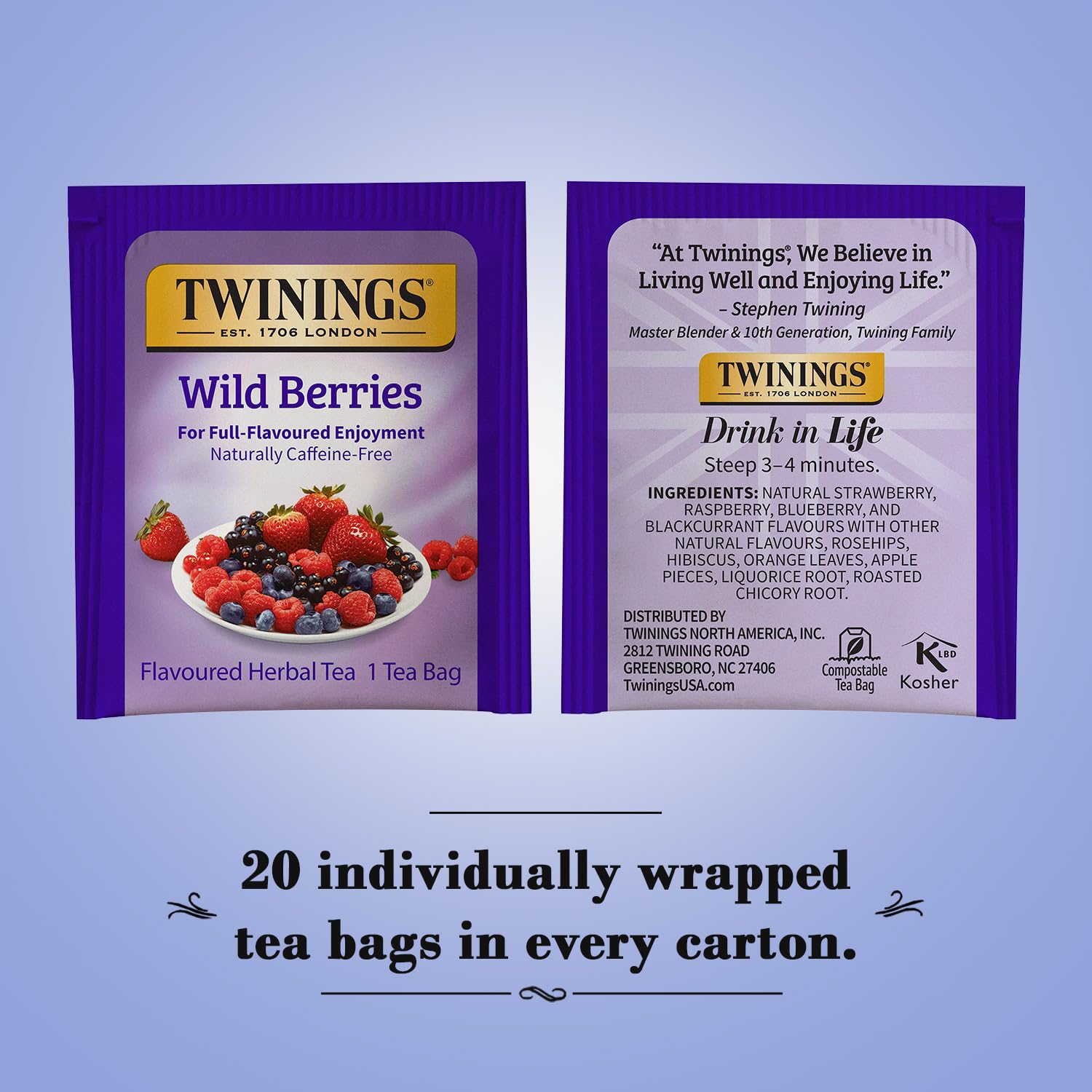 Alternative view of Twinings Wild Berries Tea - A Naturally Caffeine-Free Herbal Tea Bursting with Fresh & Uplifting Berry Tea Flavours, Individually Wrapped Tea Bags, 20 Count (Pack of 2)