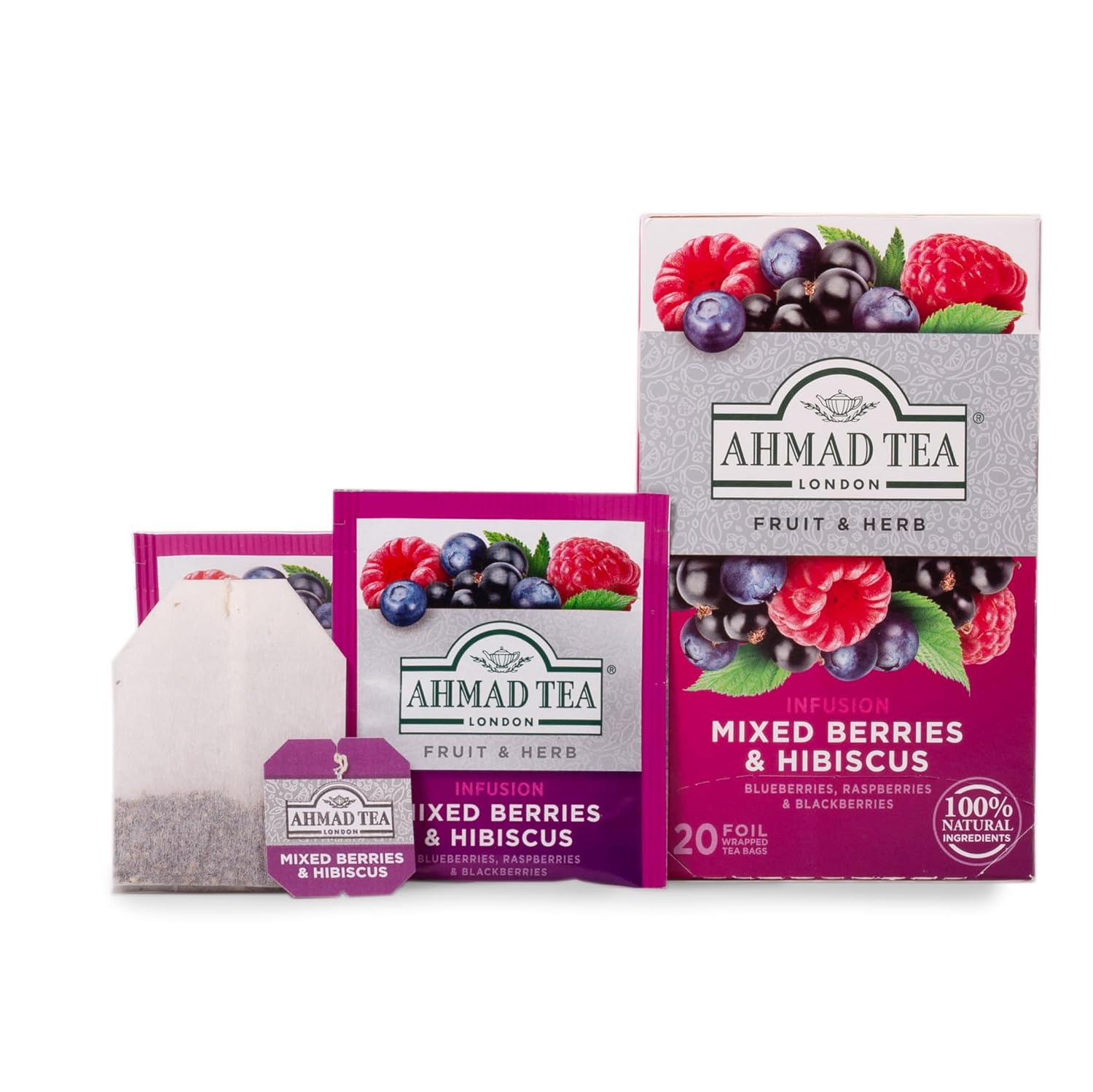 Ahmad Tea Herbal Tea, Mixed Berries & Hibiscus Teabags, 20 ct (Pack of 1) - Decaffeinated & Sugar-Free