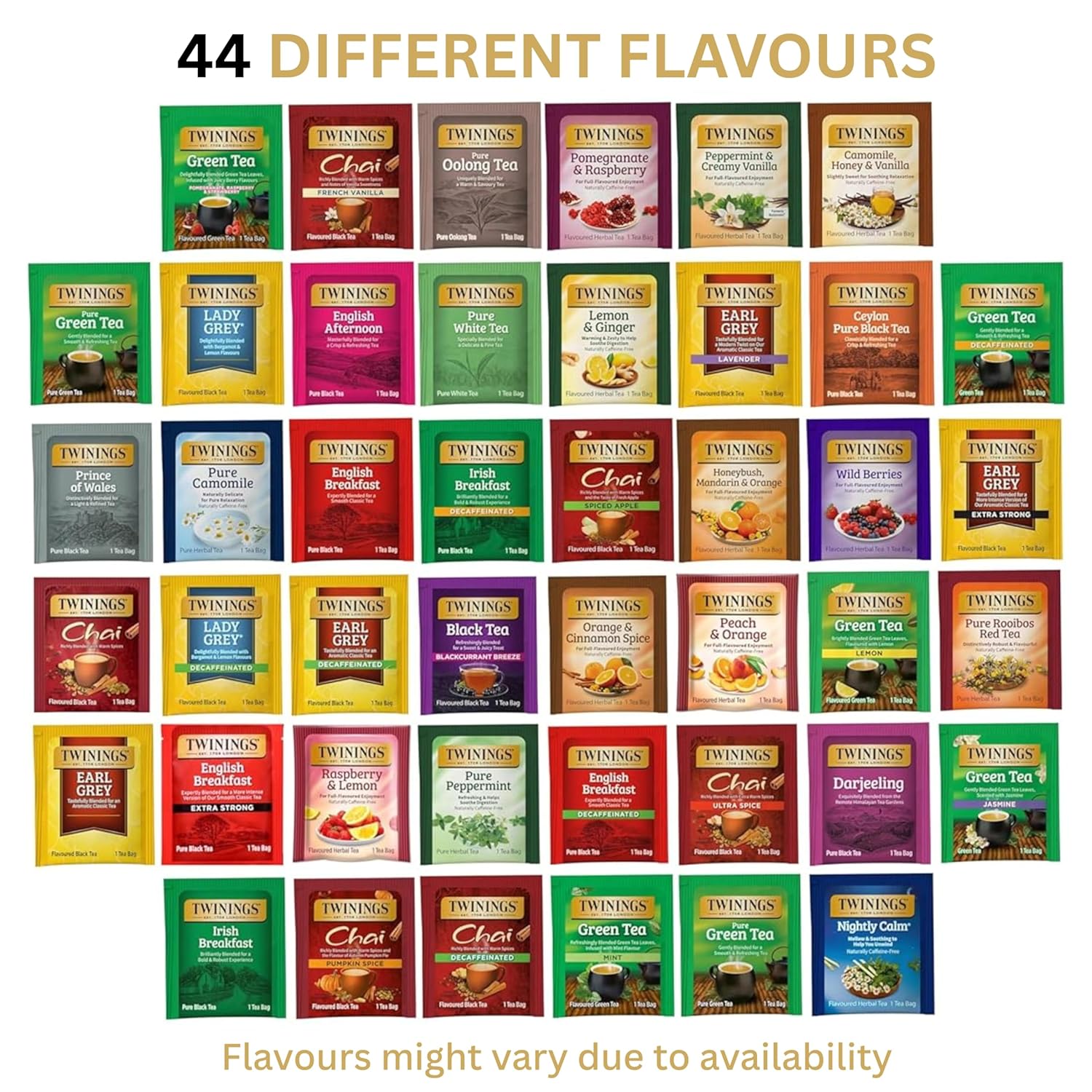 Twinings Tea Bag Sampler Assortment, Variety Pack (44 Count), 44 Unique Flavours for Tea Lovers: Women, Men, Couples, Family, Friends, Coworkers
