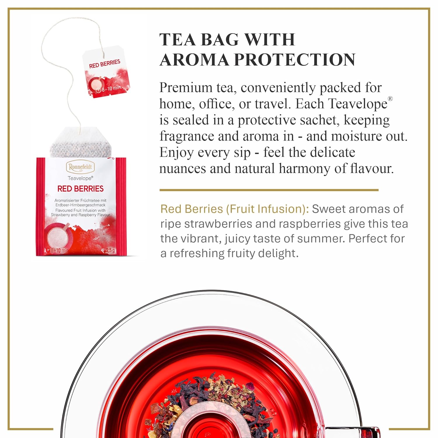 Ronnefeldt Teavelope Red Berries u2013 Hibiscus Rosehip Fruit Tea with Raspberry & Strawberry Flavor u2013 25 Berry Herbal Tea Bags u2013 Caffeine Free & Individually Wrapped