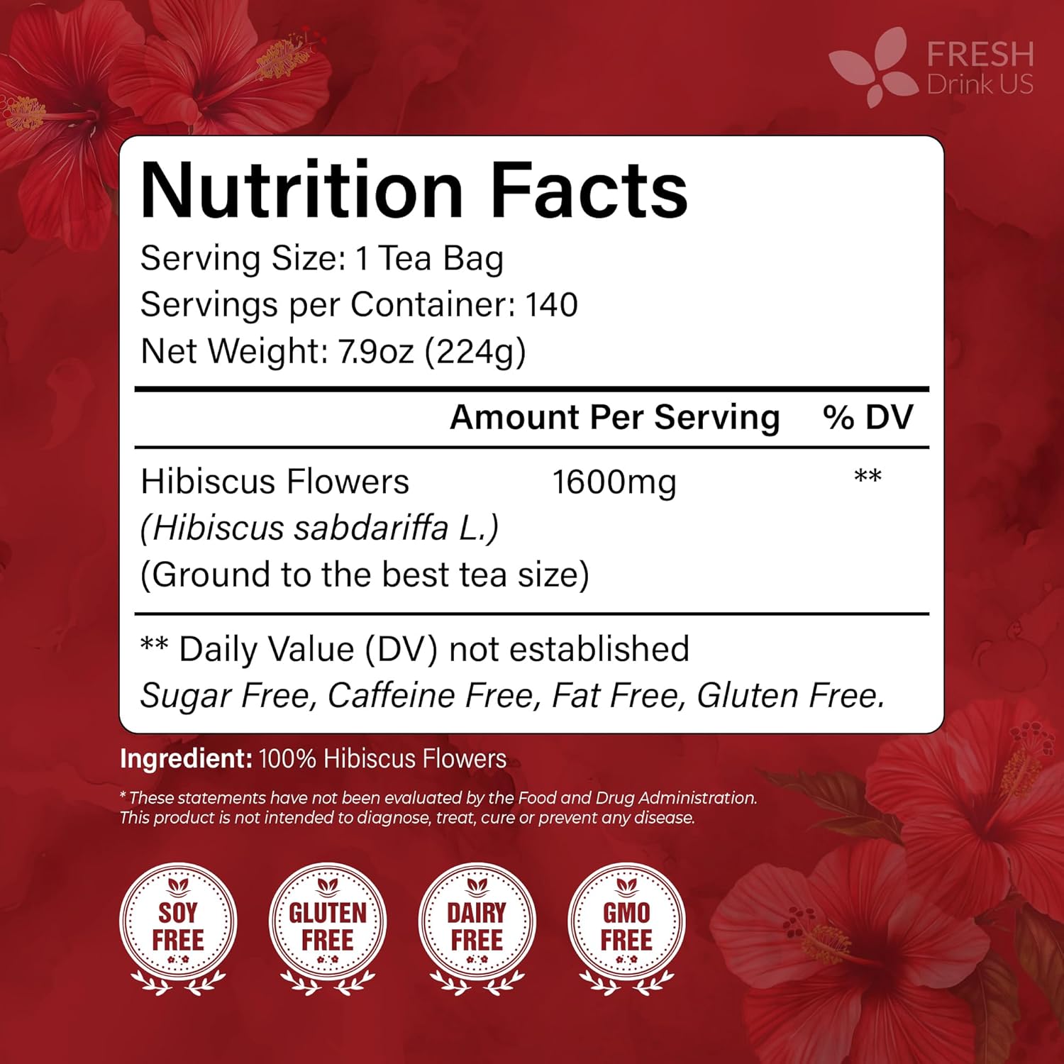 FreshDrinkUS, Premium 140 Hibiscus Flowers Tea Bags, 100% Natural, Handmade & Pure from Hibiscus Flowers. No Sugar/Caffeine/Gluten, Vegan. Tart & Refreshing, Hot or Ice Tea, Great For All Seasons