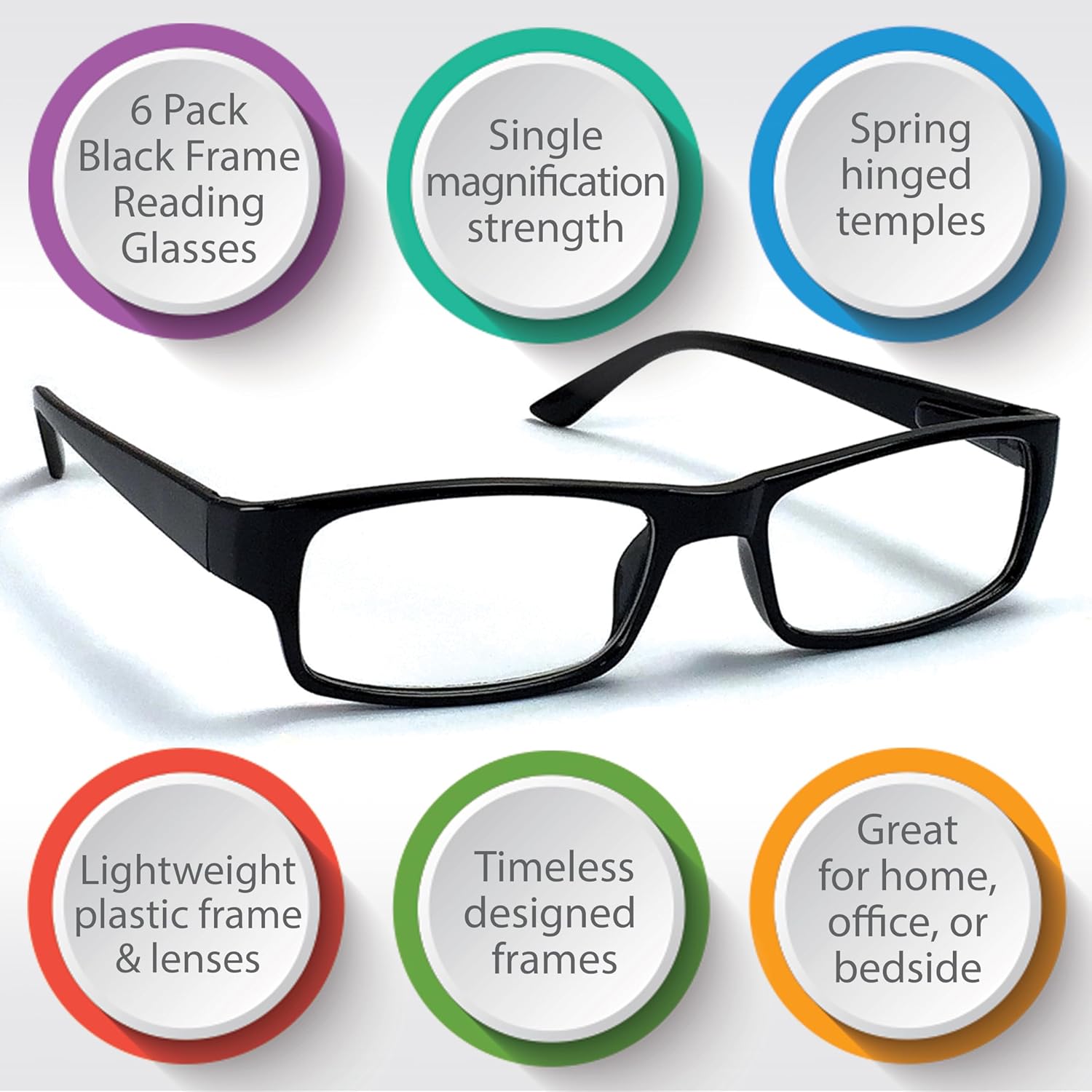 Boost Eyewear 6 Pack Reading Glasses, Traditional Black Frames, for Men and Women, with Comfort Spring Loaded Hinges, Black, 6 Pairs (+1.50)