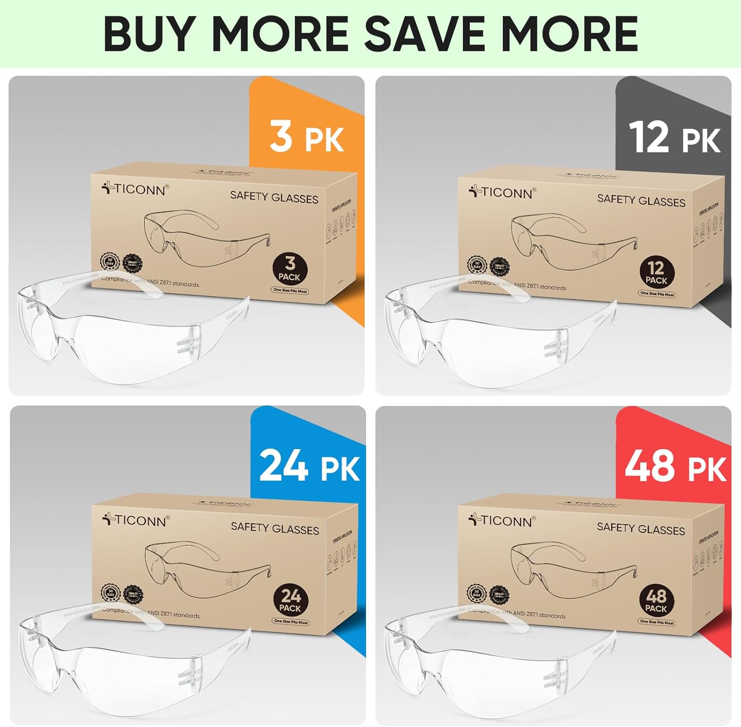 TICONN Clear Safety Glasses for Men, Safety Goggles with Scratch Impact Resistant Meets ANSI Z87.1 Standard