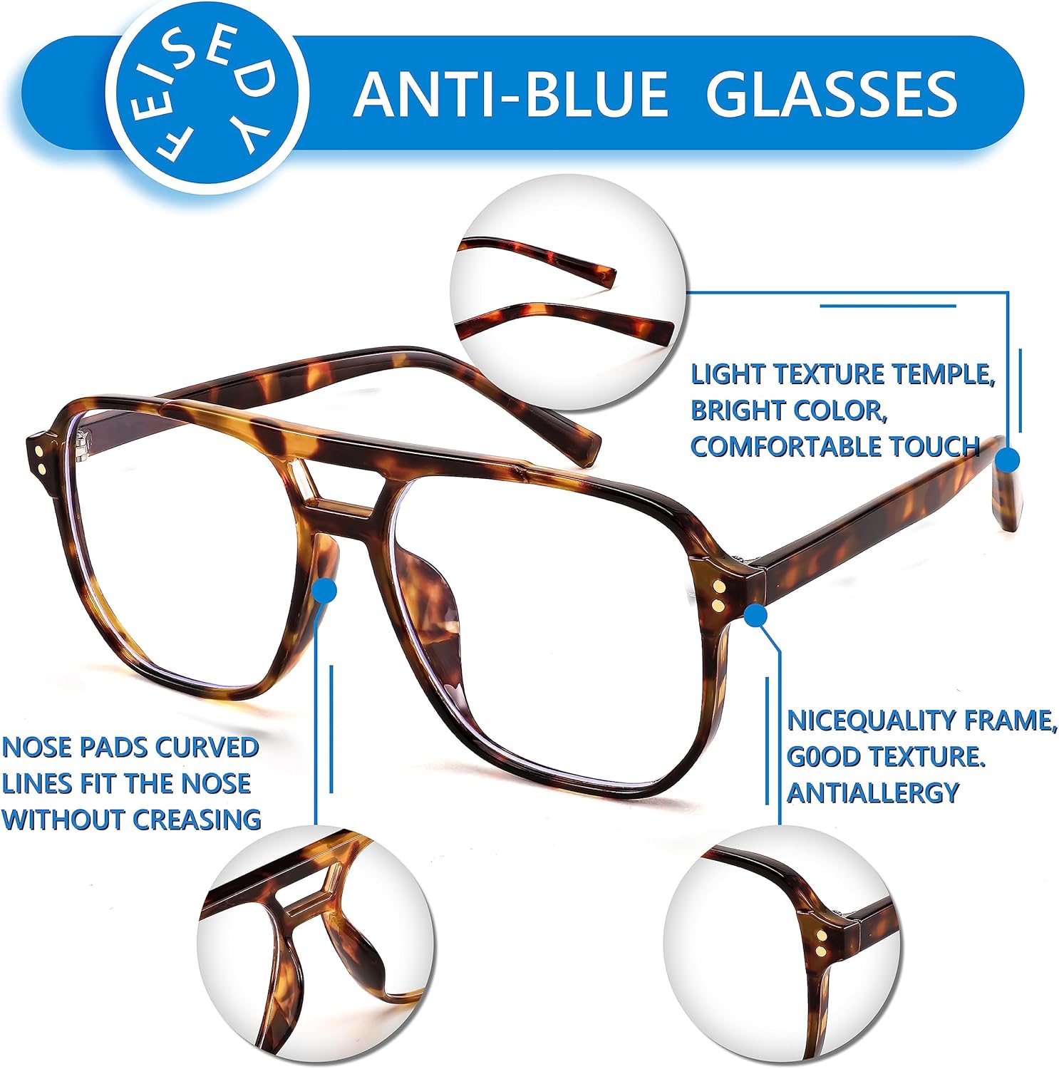 FEISEDY Blue Light Blocking Glasses Fake Nerd Clear Square Computer Lightweight Pilot Glasses Frame Oversized B2866 - Image 4