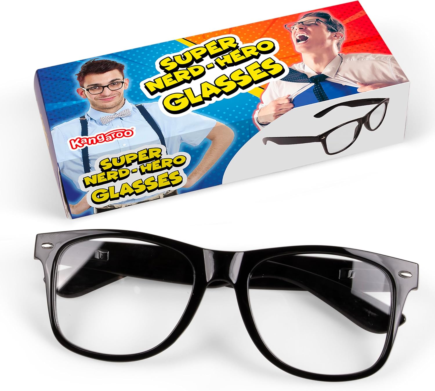 Kangaroo Black Fake Glasses - Classic Superhero Glasses Frames - Retro Clear Non-Prescription Nerd Costume Eyeglasses for Men & Women for Christmas Cosplay - Unisex Nerdy Accessories for Costumes