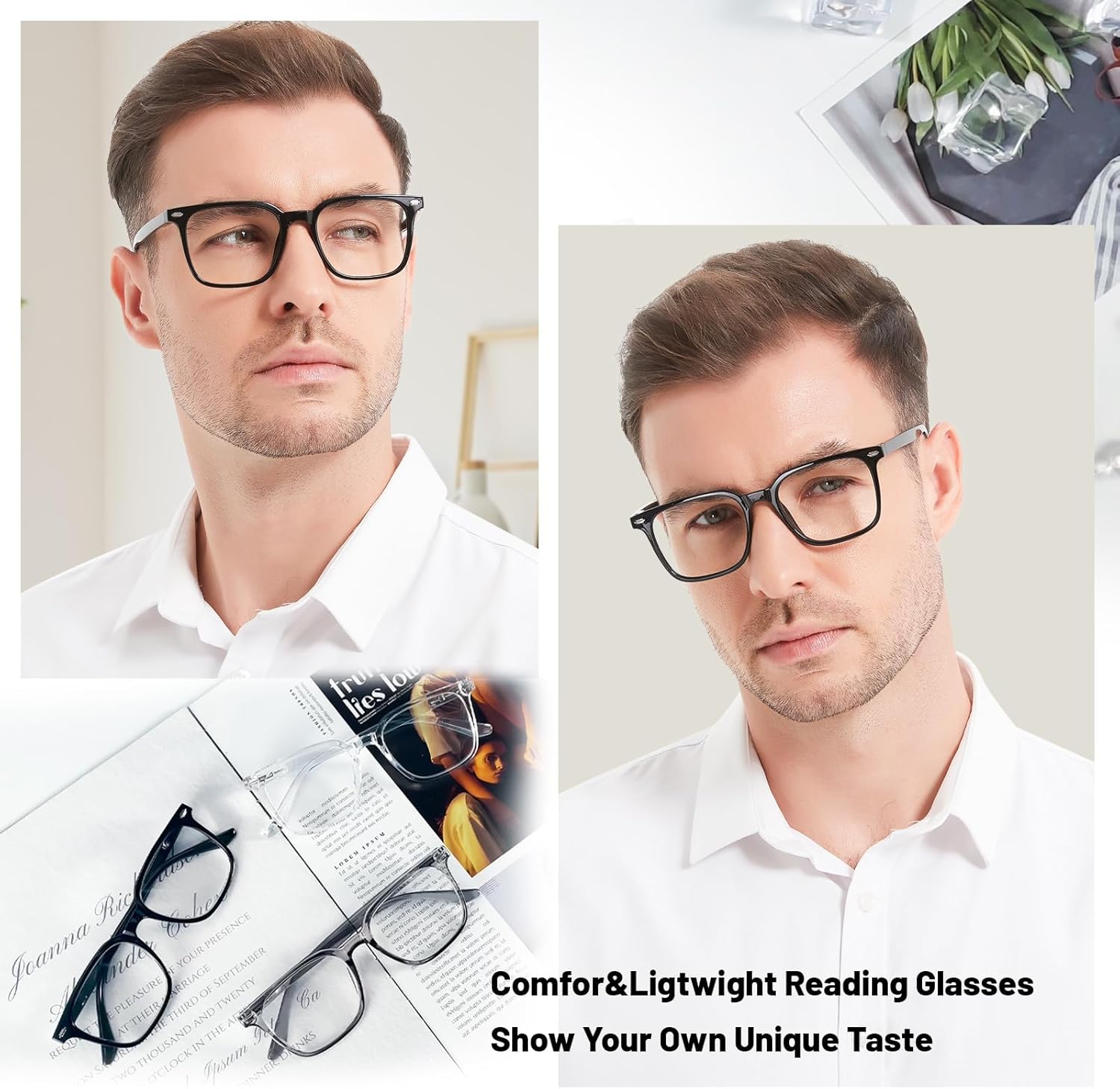OCCI CHIARI Reading Glasses Men Stylish Square Readers Wide Eyewear(1.0 1.25 1.5 1.75 2.0 2.25 2.5 2.75 3.0 3.5 4.0 5.0 6.0)