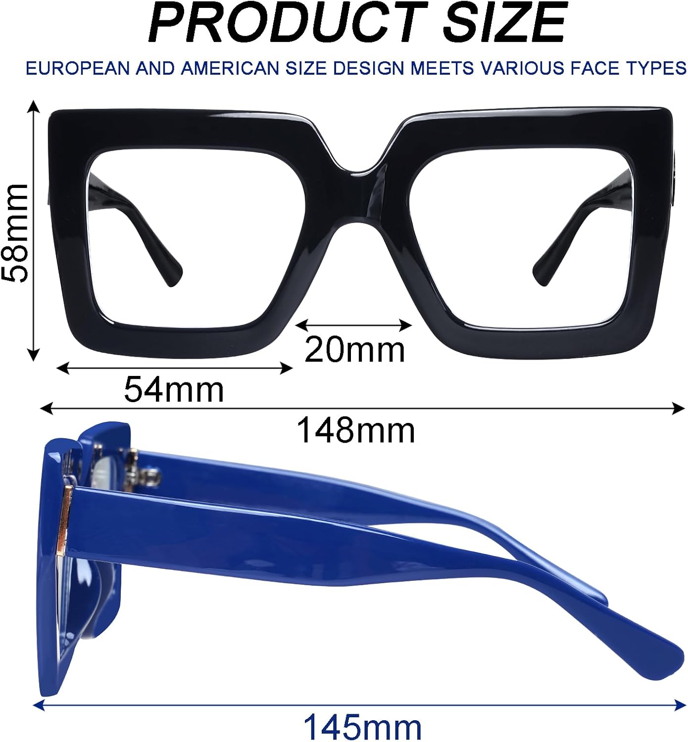 hoyuwak 2PCS Oversized Square Blue Light Glasses Big Frame Computer Eyewear Thick Fashion Clear Glasses for Women Fashion