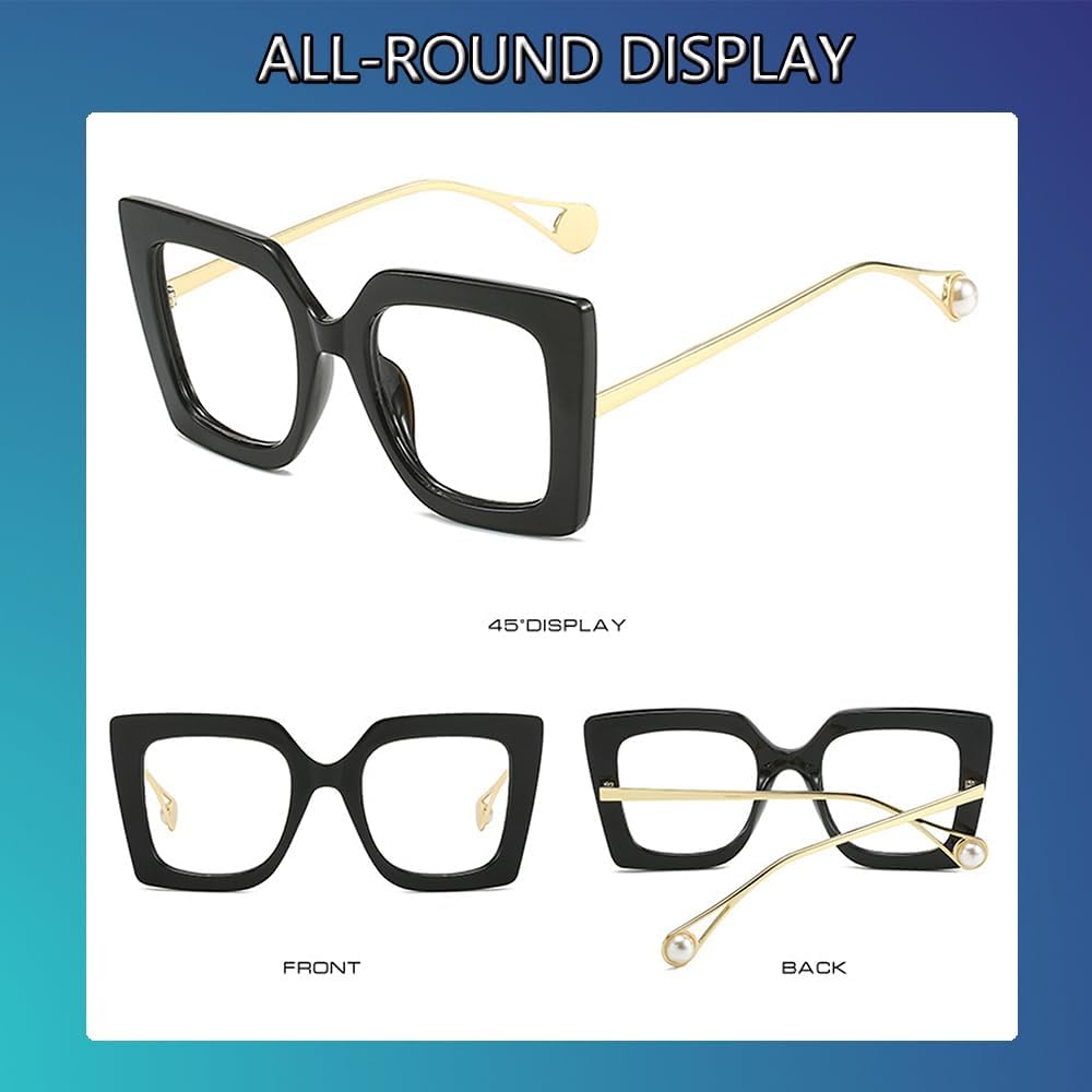 Teumire Oversized Square Blue Light Blocking Glasses for Women Thick Fashion Pearl Inlay Arm Eyewear Computer Eyeglasses