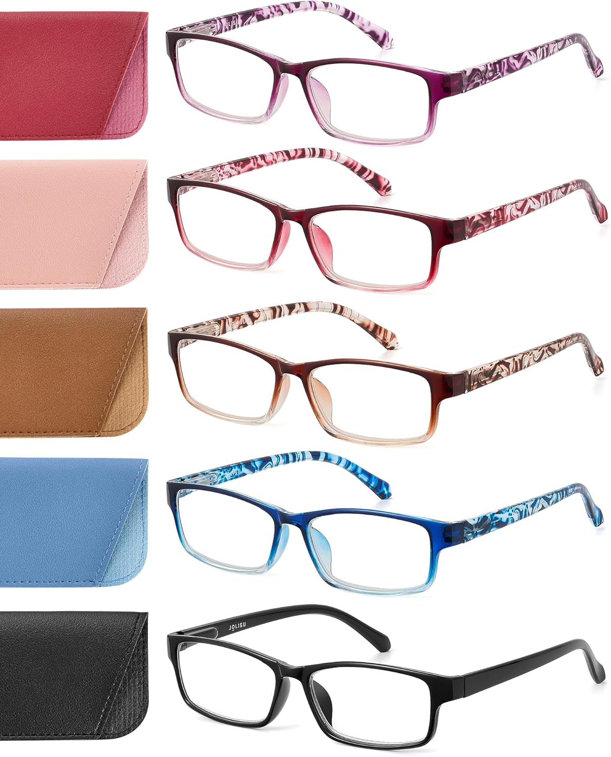 JOLISU Reading Glasses for Women, 5 Pack Blue Light Blocking Readers, Lightweight Eyeglasses with Spring Hinge