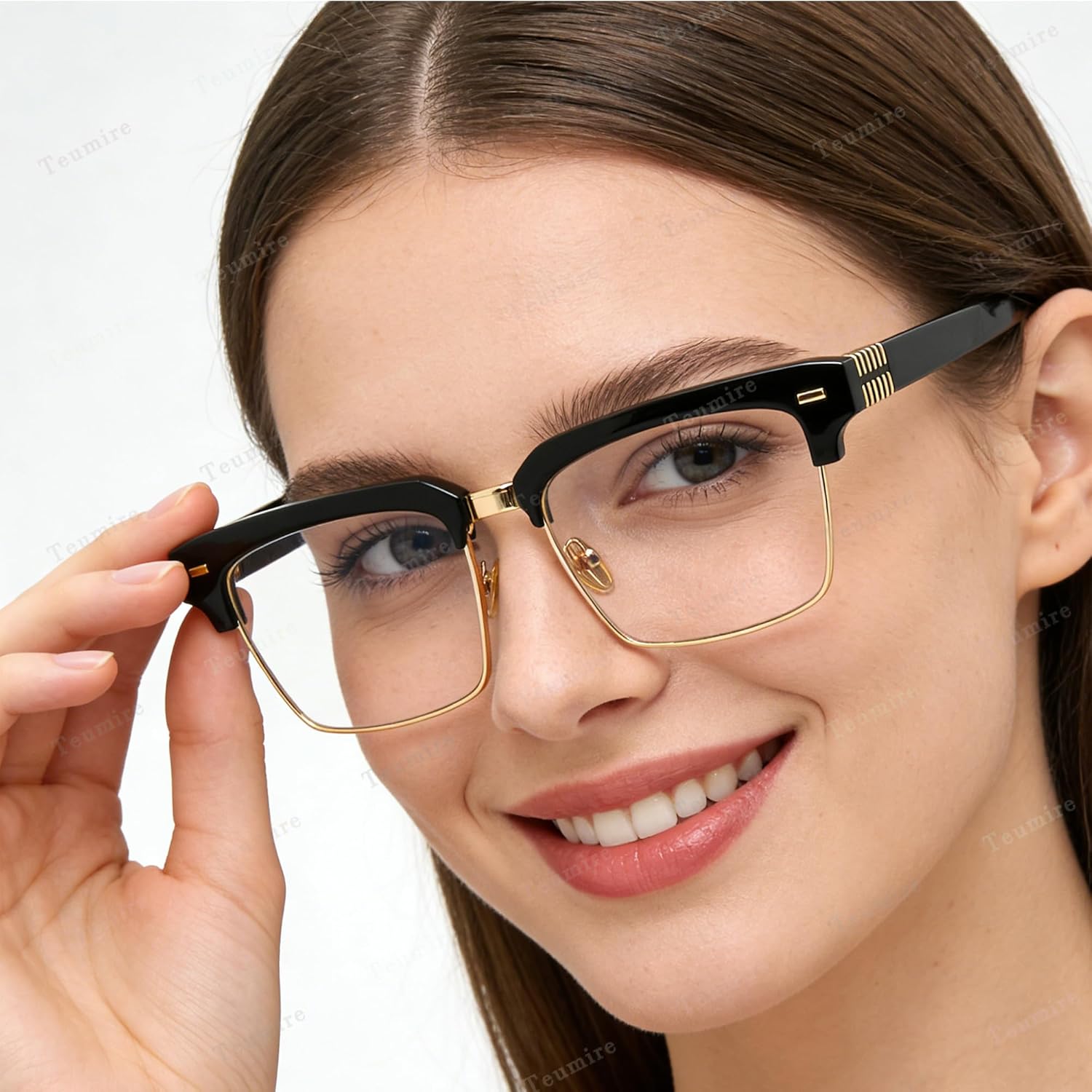 Teumire Semi Rimless Rectangle Blue Light Glasses Men Women Black Square Eyewear