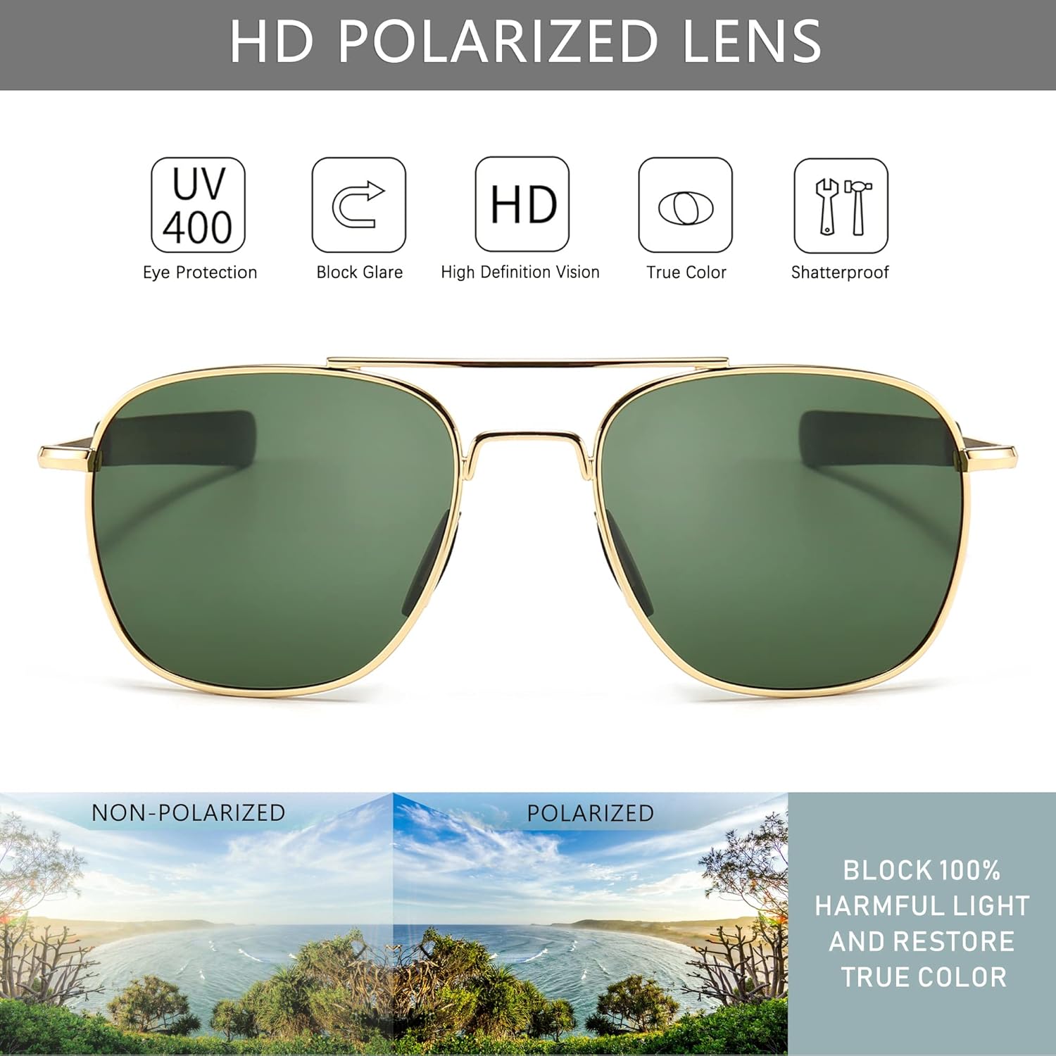 SUNGAIT Men's Military Style Polarized Pilot Aviator Sunglasses Bayonet Temples