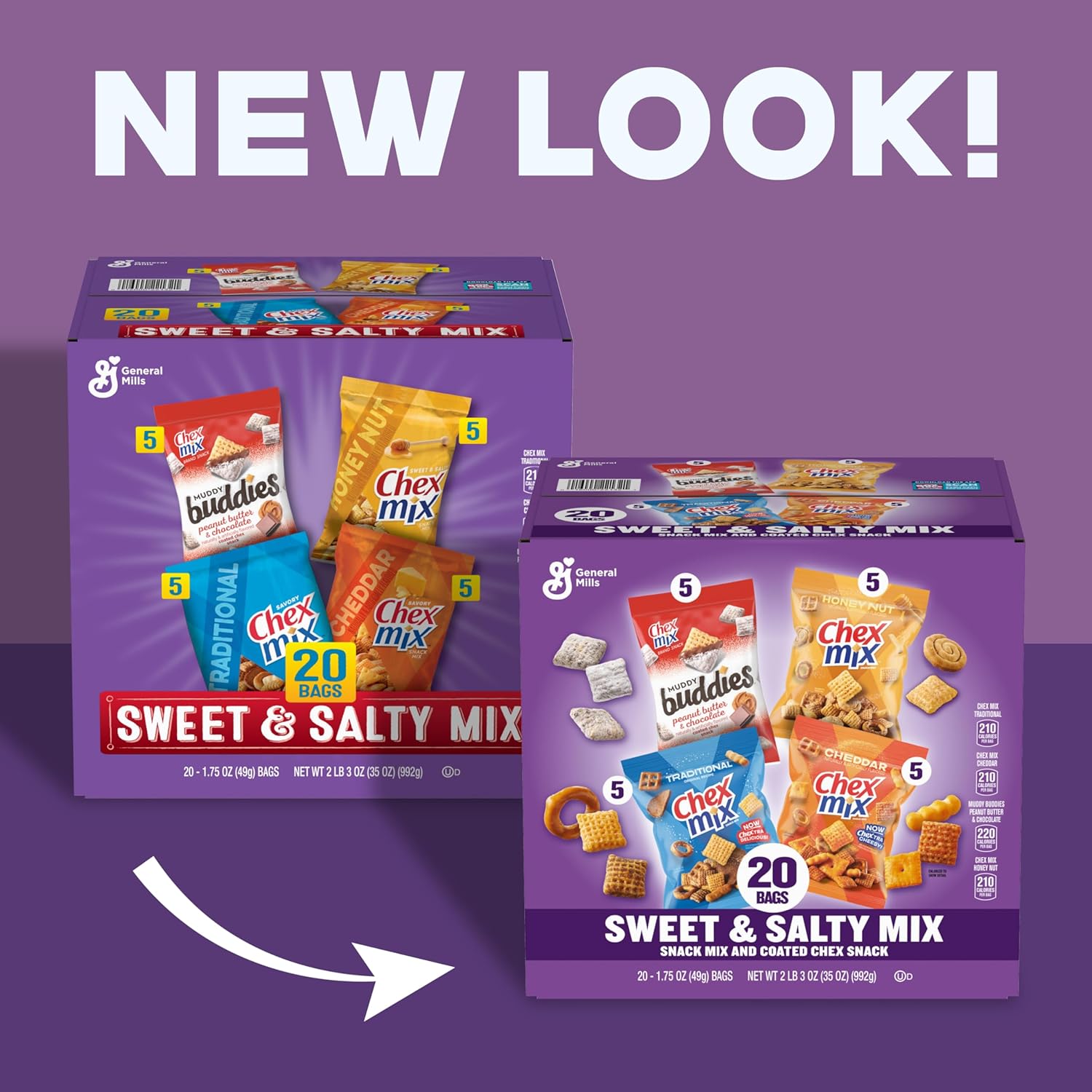 Sweet and Salty Snack Variety Pack, Muddy Buddies Peanut Butter and Chocolate, Chex Mix Traditional, Cheddar, and Honey Nut, 20 Ct, 35 oz - Image 2