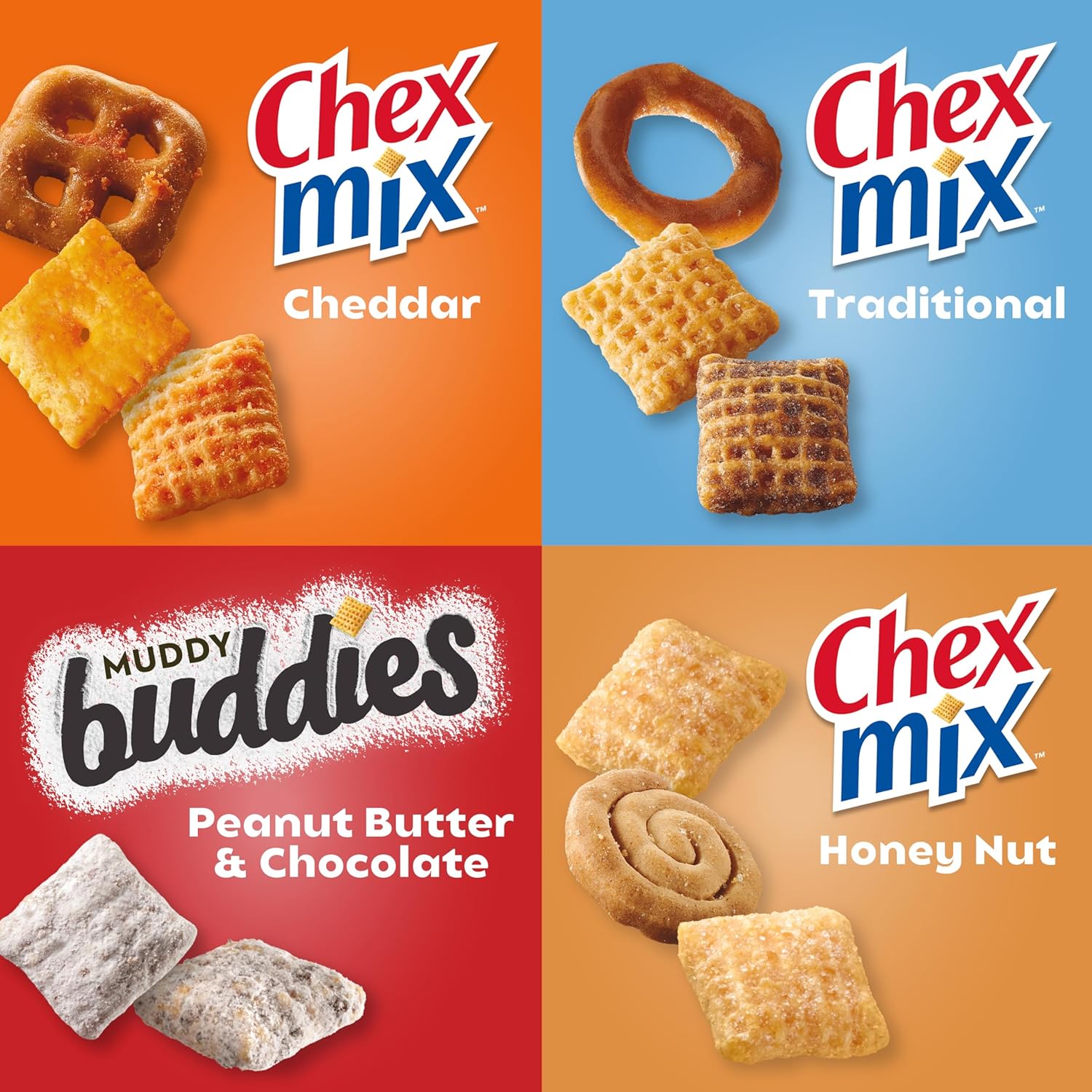 Sweet and Salty Snack Variety Pack, Muddy Buddies Peanut Butter and Chocolate, Chex Mix Traditional, Cheddar, and Honey Nut, 20 Ct, 35 oz - Image 4