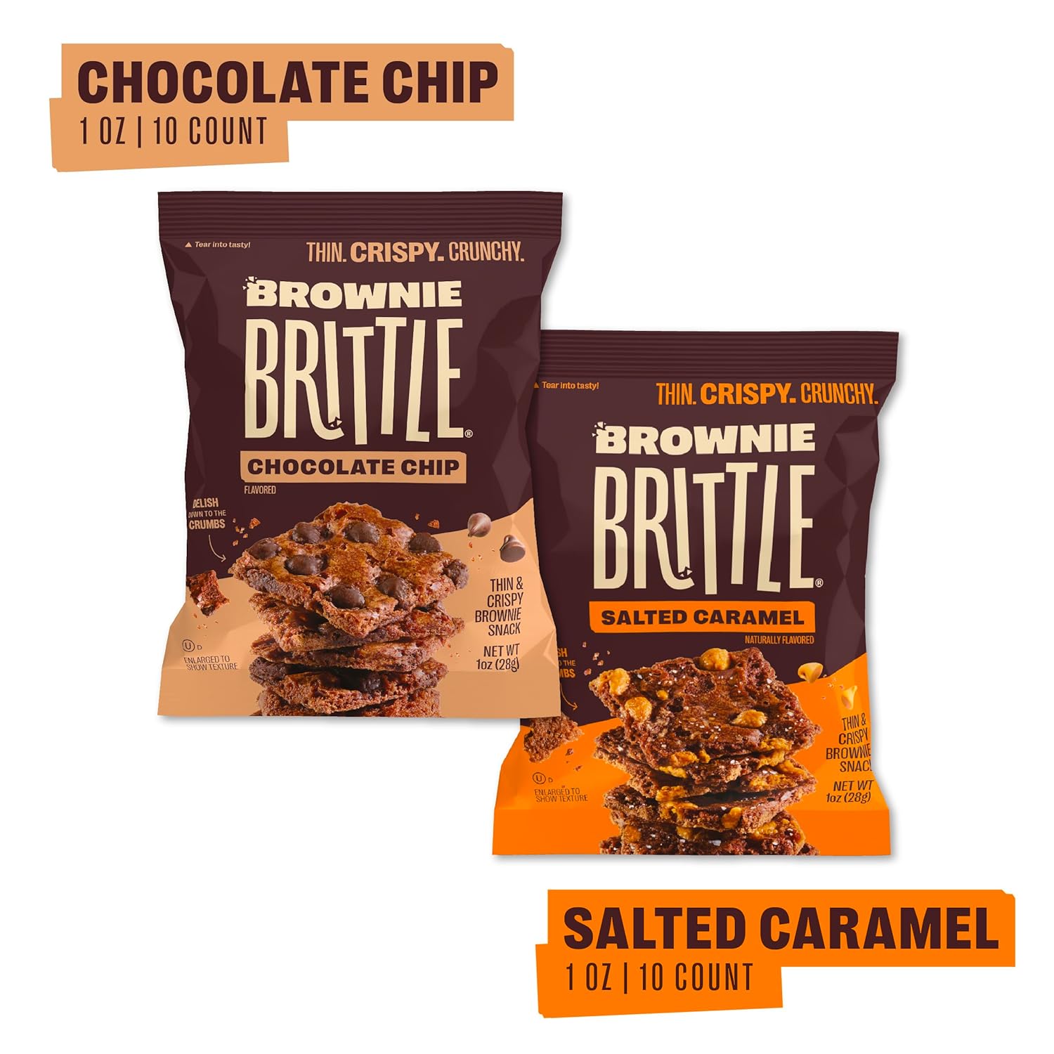 Brownie Brittle u2013 Chocolate Chip & Salted Caramel Thin and Crispy Sweet Snacks (Pack of 20, 1 oz), Rich Gourmet Brownie Bites Dessert
