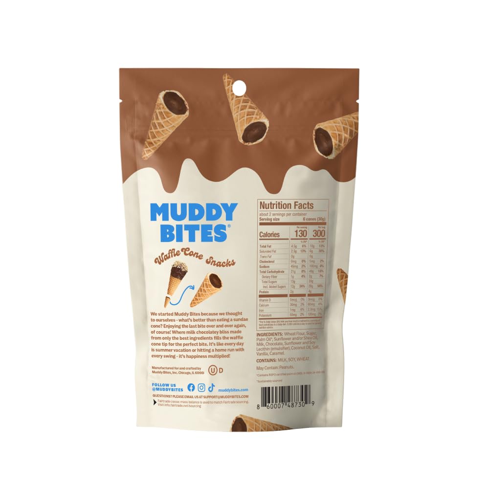 Muddy Bites - Milk Chocolate - Waffle Cone Snack Bite Sized Filled Cone Bites for Snack or Dessert Made with Cane Sugar, Kosher, Fair Trade Certified