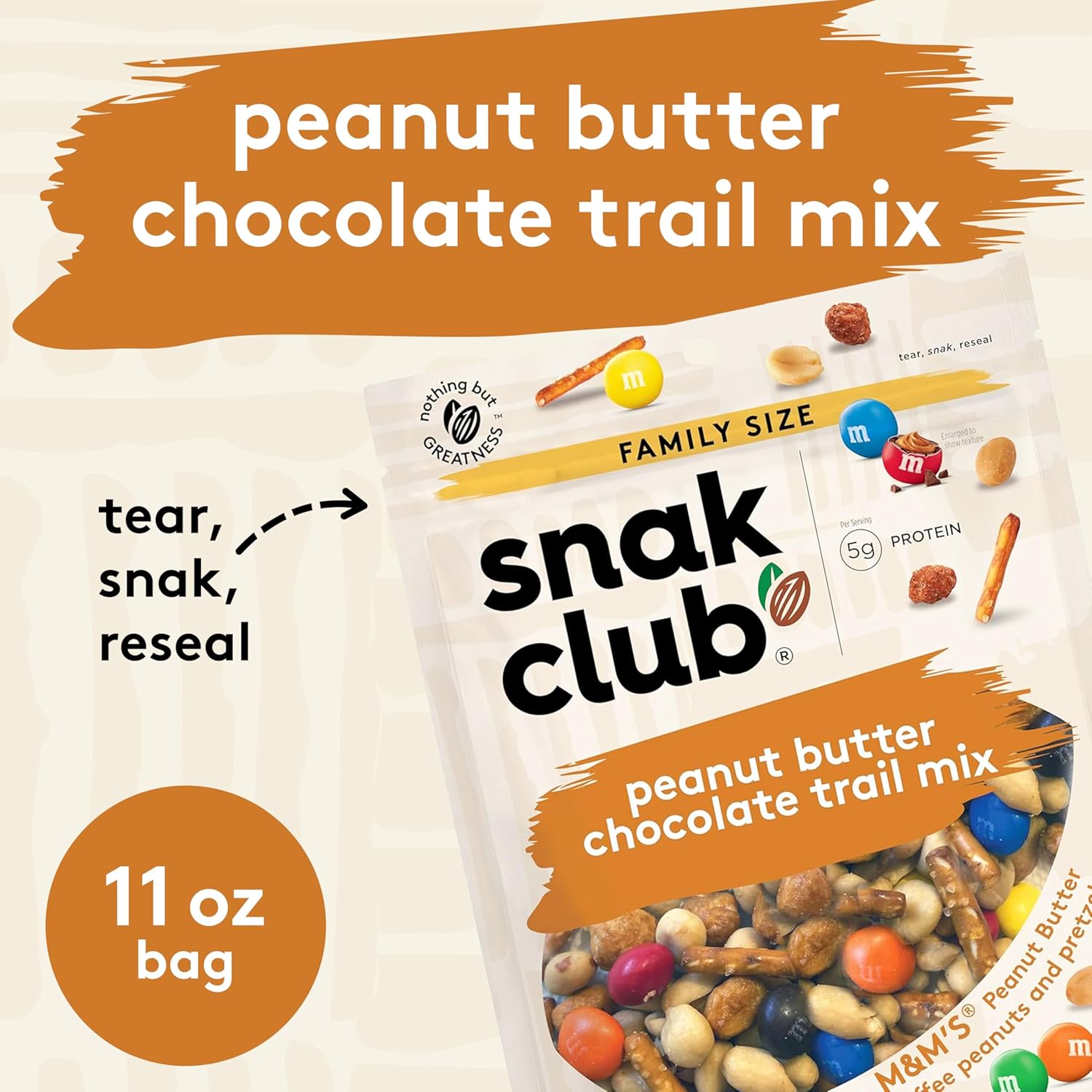 Snak Club Peanut Butter Chocolate Trail Mix with Peanuts, Peanut Butter M&Mu2019S, Toffee Peanuts, and Pretzels, 11 oz Resealable Bag - Image 2
