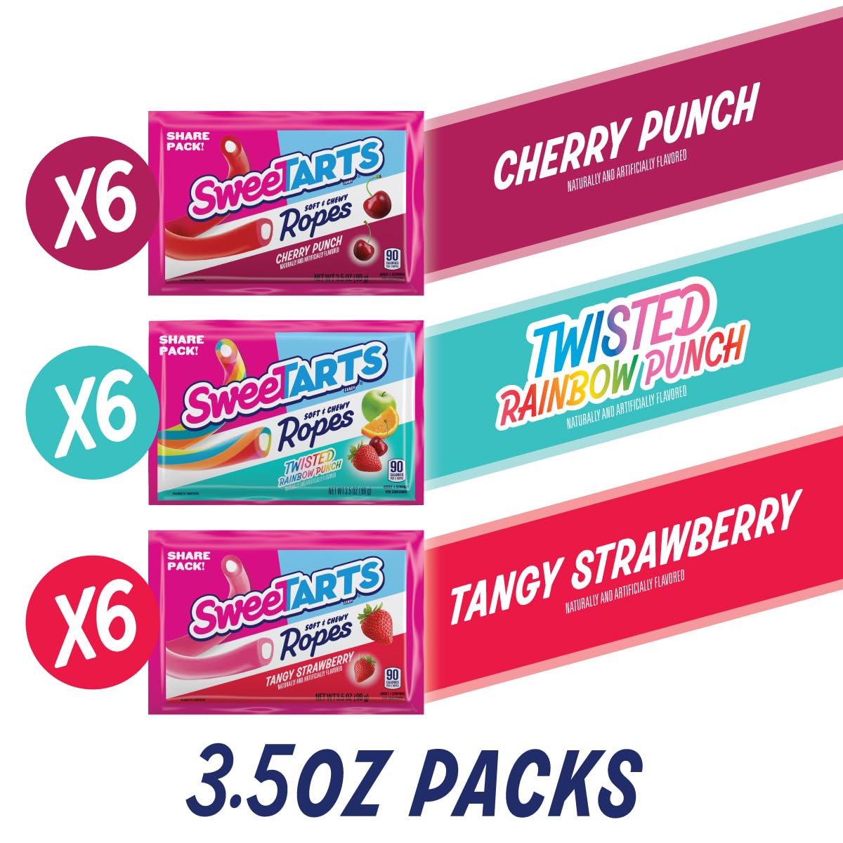 SweeTARTS Ropes Candy, Variety Box, Soft and Chewy, 18 Individually Wrapped 3.5oz Packs, 63 oz