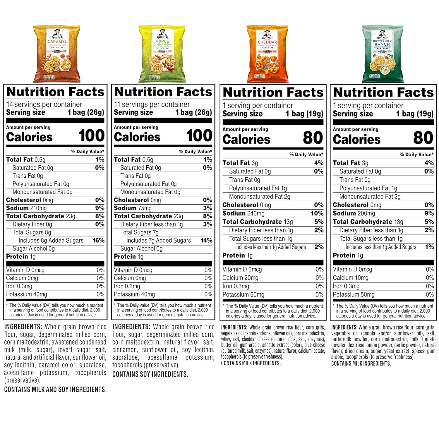 Quaker Rice Crisps, Gluten Free, 4 Flavor Sweet and Savory Variety Mix, Single Serve, 30 count