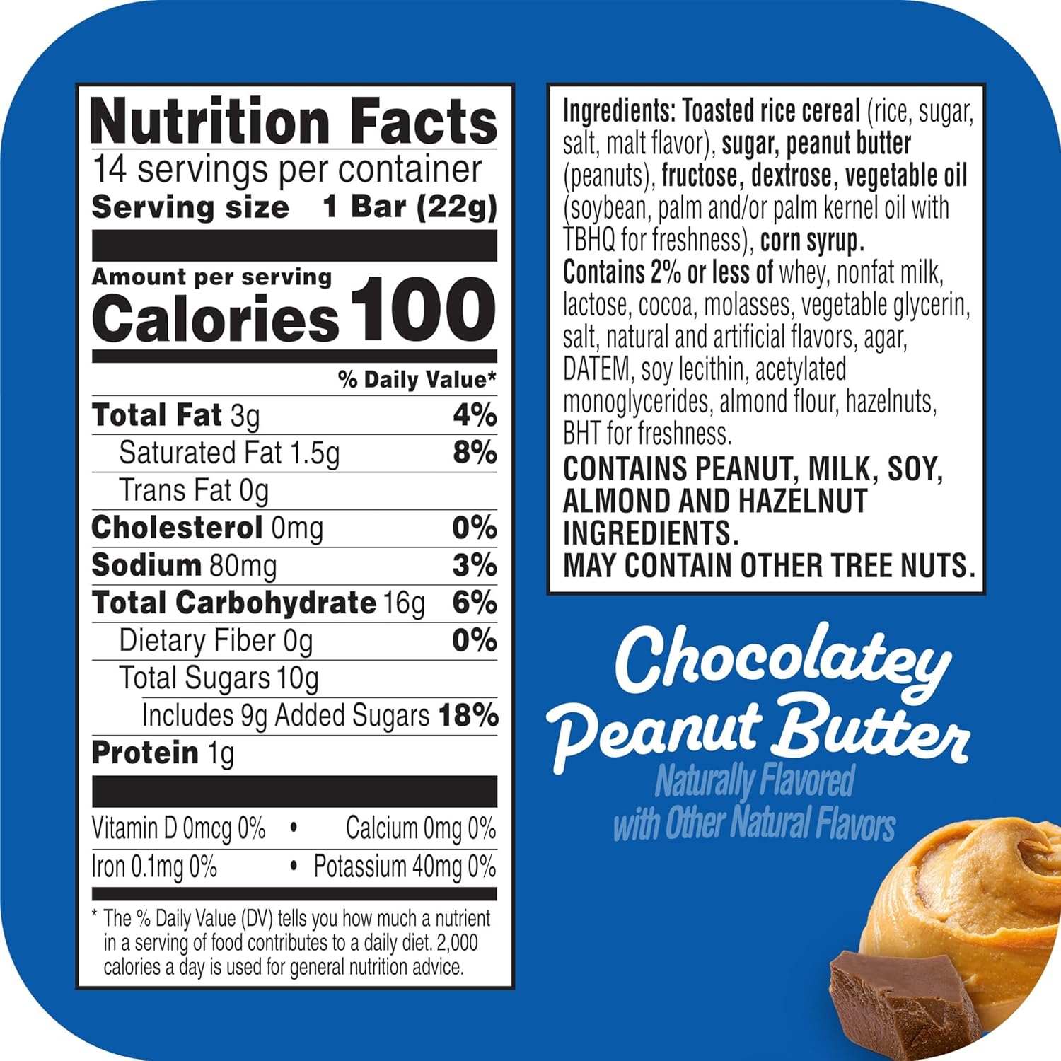 Rice Krispies Treats Crispy Rice Squares, Snack Bars, Chocolatey Peanut Butter, 10.8oz Box (14 Count)