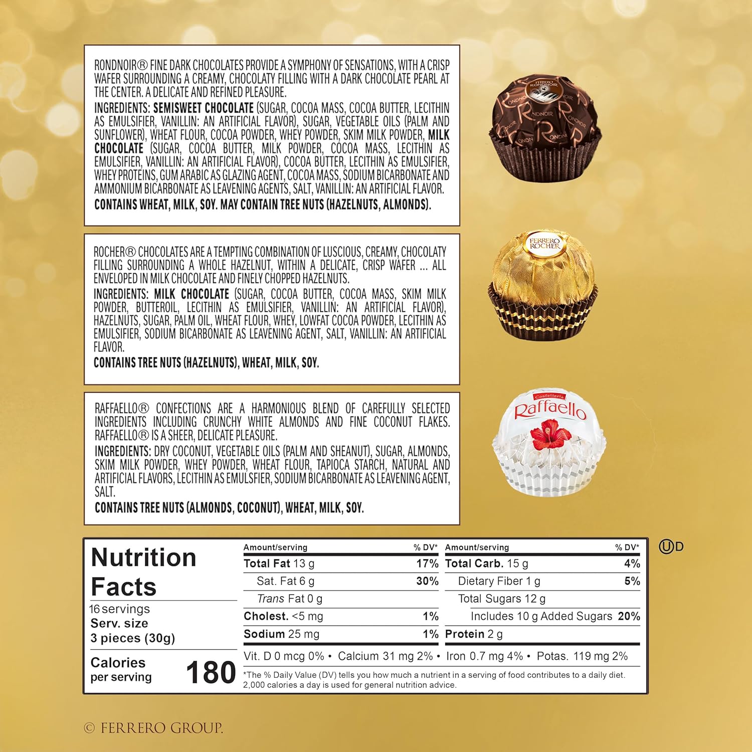 Ferrero Rocher Collection, Premium Gift Set, Hazelnut Milk Chocolate, Dark Chocolate and Coconut, 48 Count, 4.6 oz