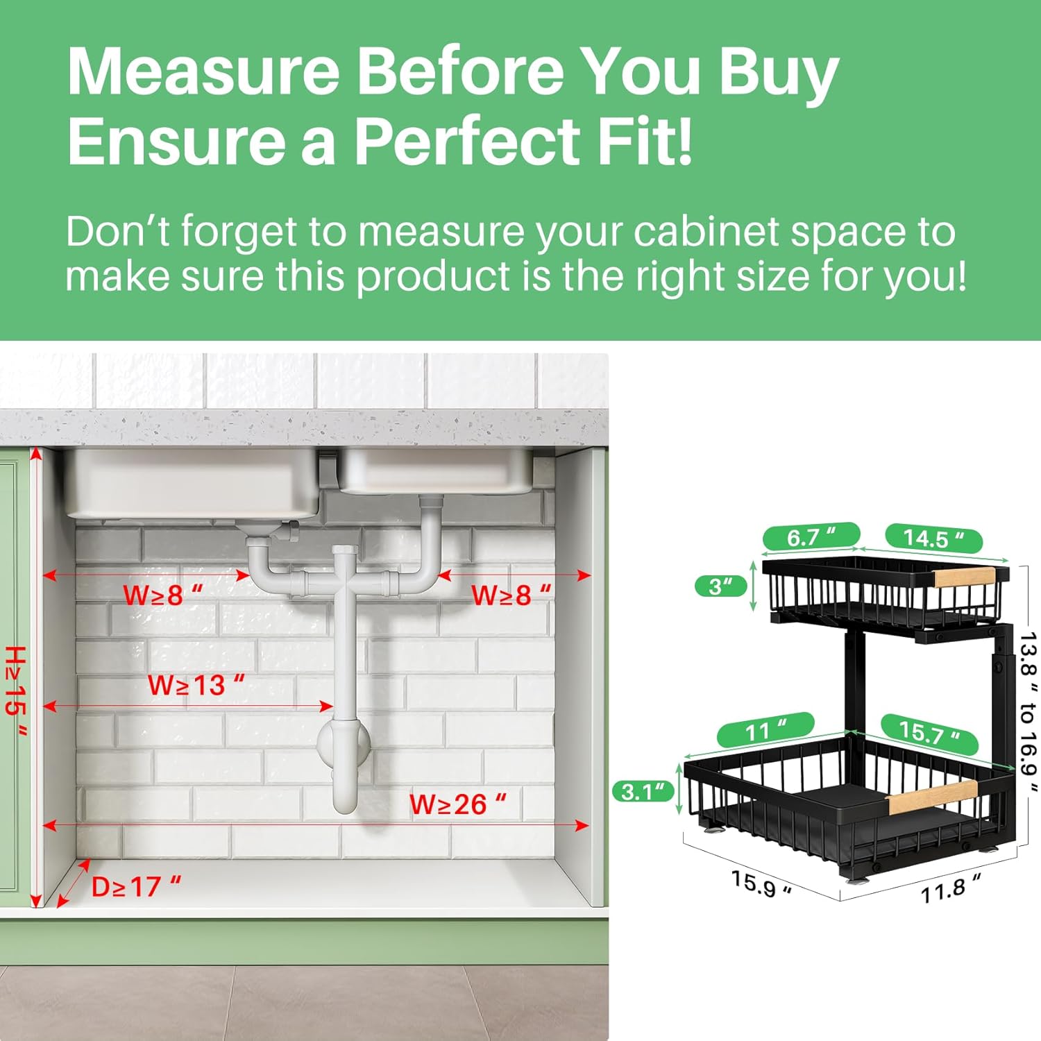 Under Sink Organizer, 2 Packs 2 Tier Under Sink Organizers and Storage, Slide out Pull out Cabinet Organizer Shelf, Metal Sliding Drawer for Kitchen Bathroom Pantry Cabinet Closet Organization Rack