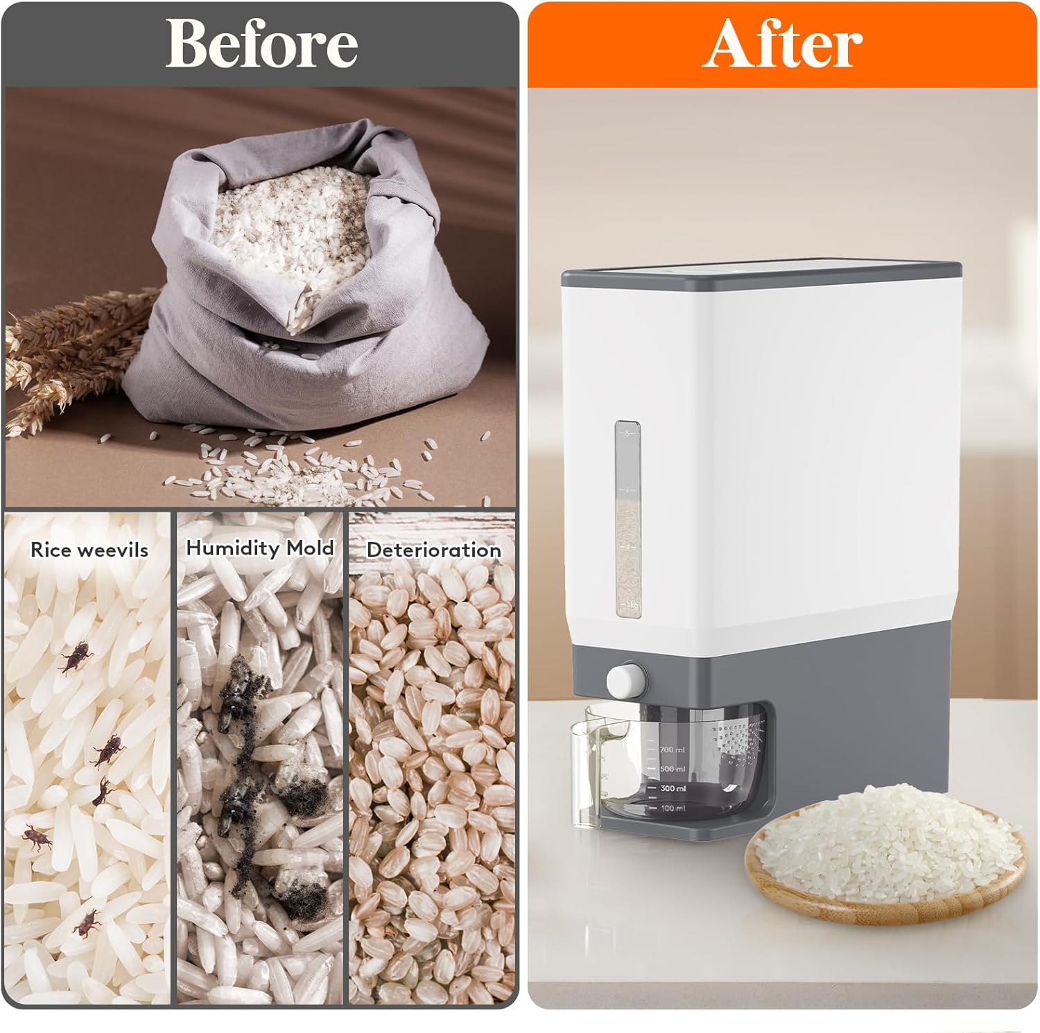 Lifewit Rice Dispenser 25 Lbs(11.3kg), Rice Storage Container Sealed Moisture Proof with Measuring Cup for Kitchen Pantry Household, BPA-Free, 1 Pack Grey - Image 3