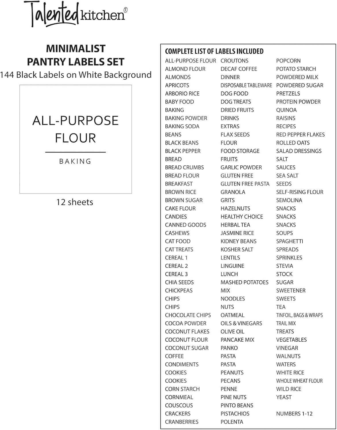 Talented Kitchen Pantry Labels for Containers - 144 Matte Vinyl Stickers, 2.5 x 2.5 in, Black on White, Water Resistant - Food Labels & Ingredient Stickers for Spice Jars & Baking Organization - Image 5