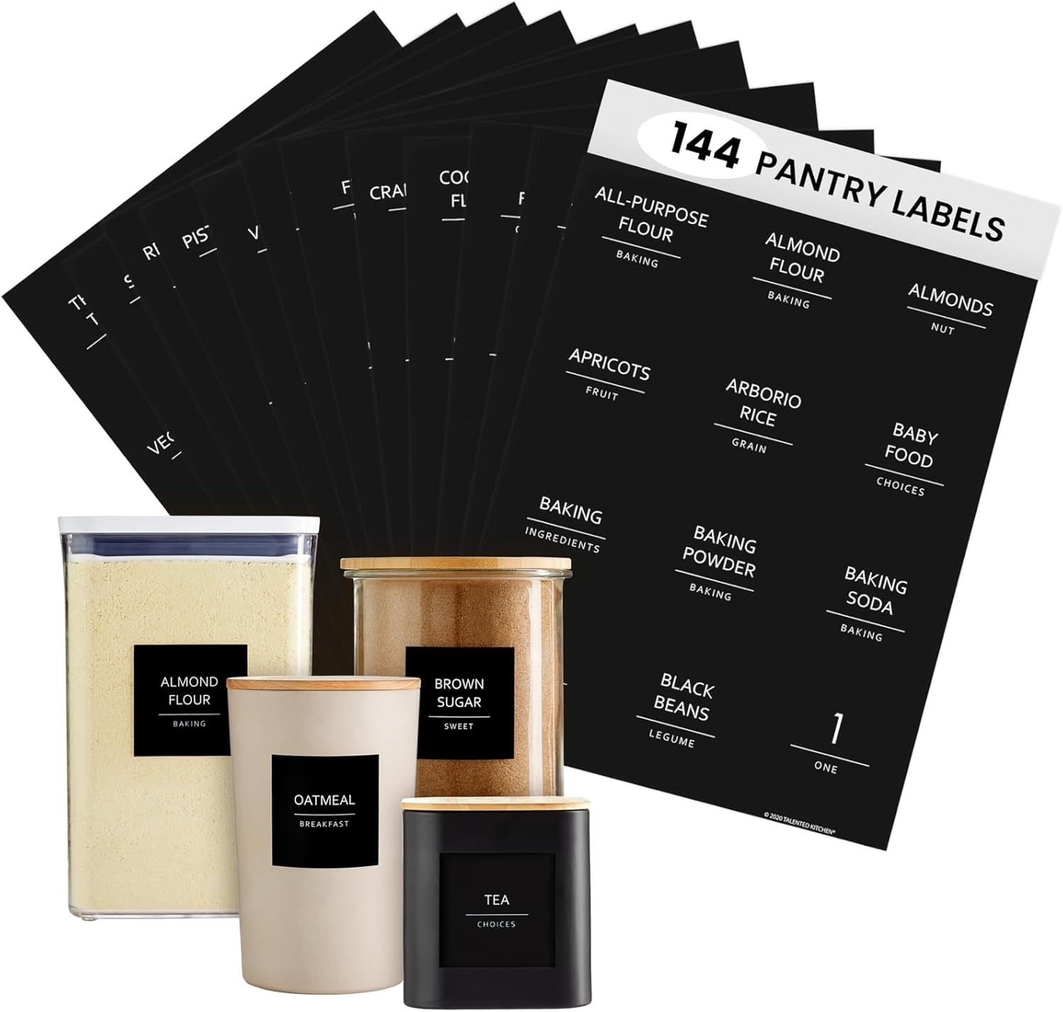 Talented Kitchen Pantry Labels for Containers - 144 Matte Vinyl Stickers, 2.5 x 2.5 in, Black on White, Water Resistant - Food Labels & Ingredient Stickers for Spice Jars & Baking Organization - Image 9