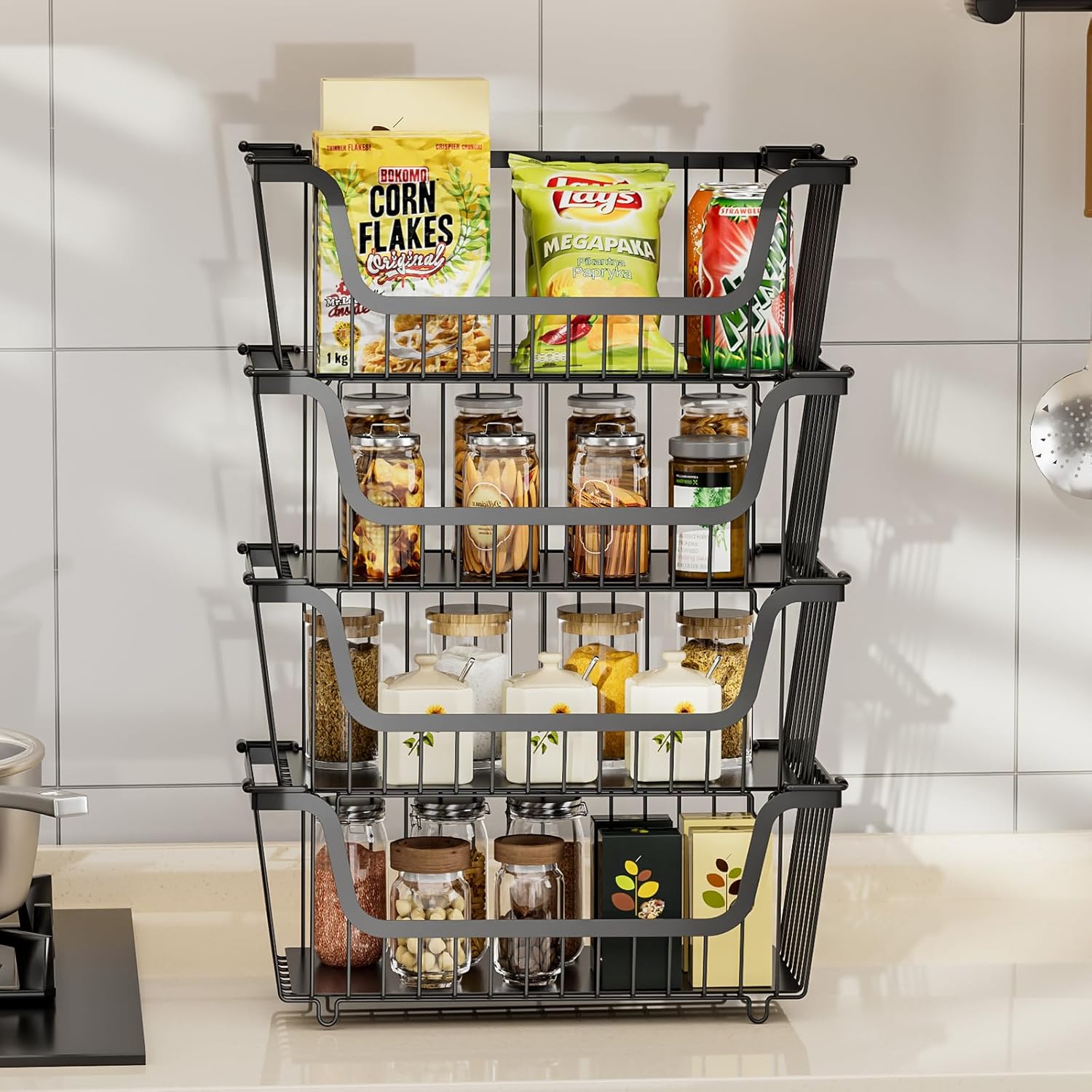 GAOKASE 4 Pcs Stackable Wire Baskets for Pantry Organizers and Storage,Vegetable Fruit Basket for Countertop,Kitchen Storage Metal Baskets,Produce Potato Onion Storage Bin,Black