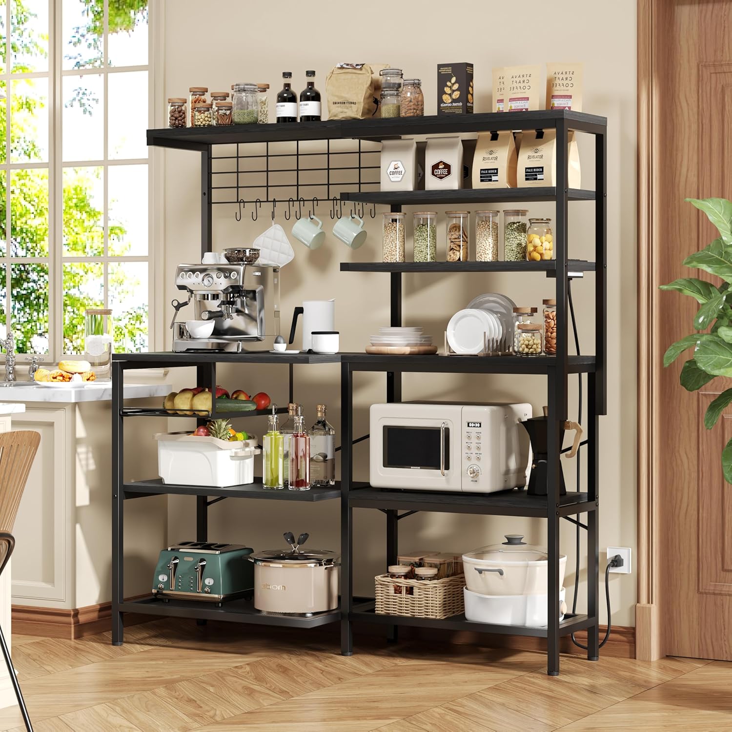 iabifo L-Shaped Bakers Rack with Power Outlet, 6-Tier Microwave Stand with Open Storage, Coffee Bar with Hooks, Mesh Grid, Kitchen Shelf with Wire Basket, Black