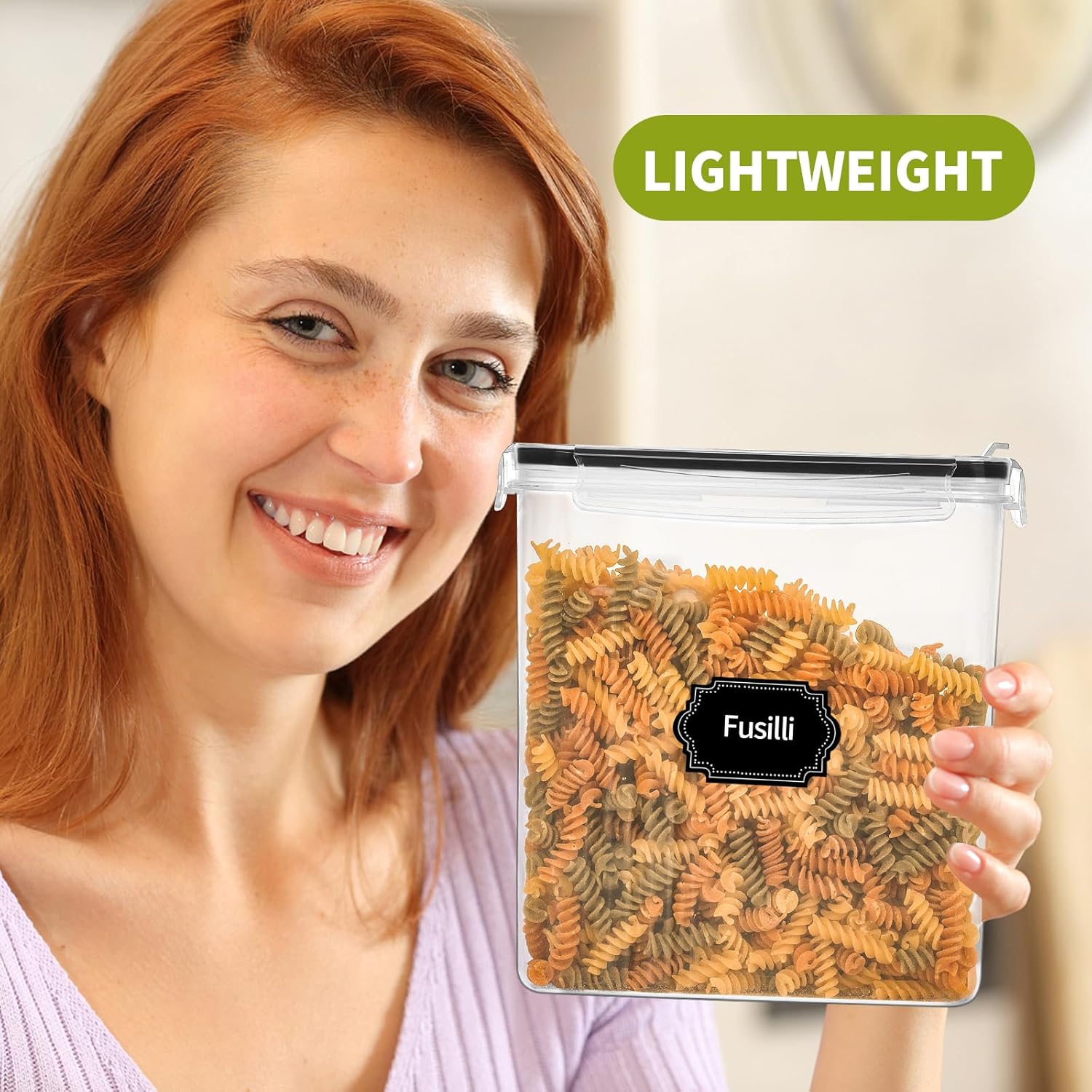 Skroam Cereal Containers Storage of 6 [4L/135.2 oz], Airtight Food Storage Containers with Lids, Plastic Cereal Dispensers for Kitchen & Pantry Organizers and Storage, Measuring Cup & 20 Labels